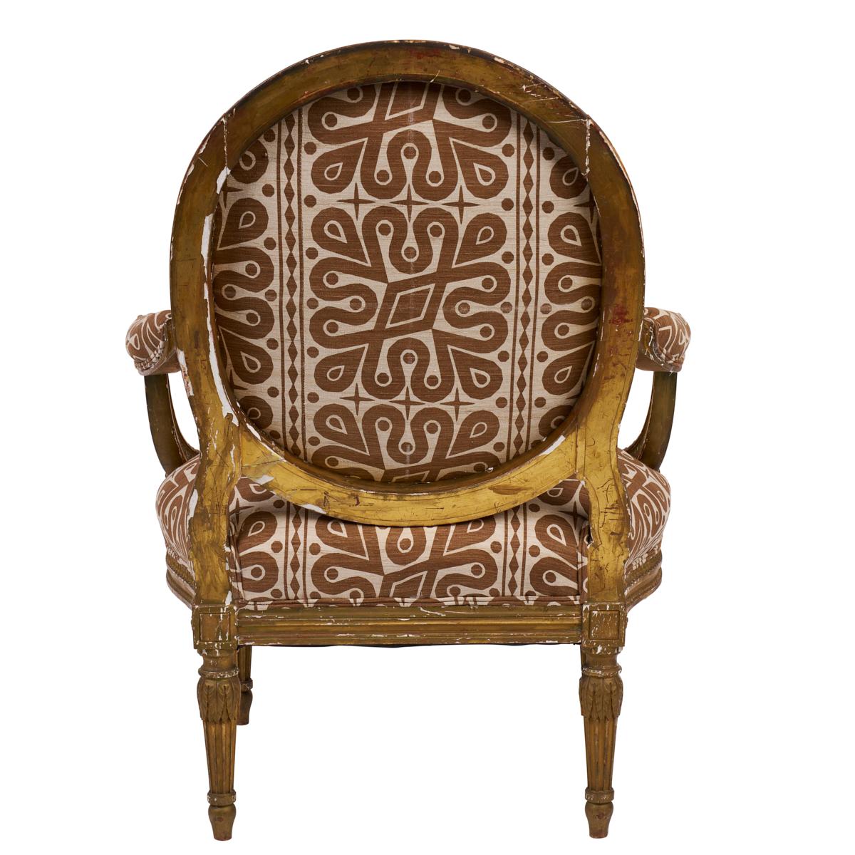Louis XVI Pair of 19th Century Fauteuils Chairs, Newly Upholstered in Schumacher Fabric For Sale