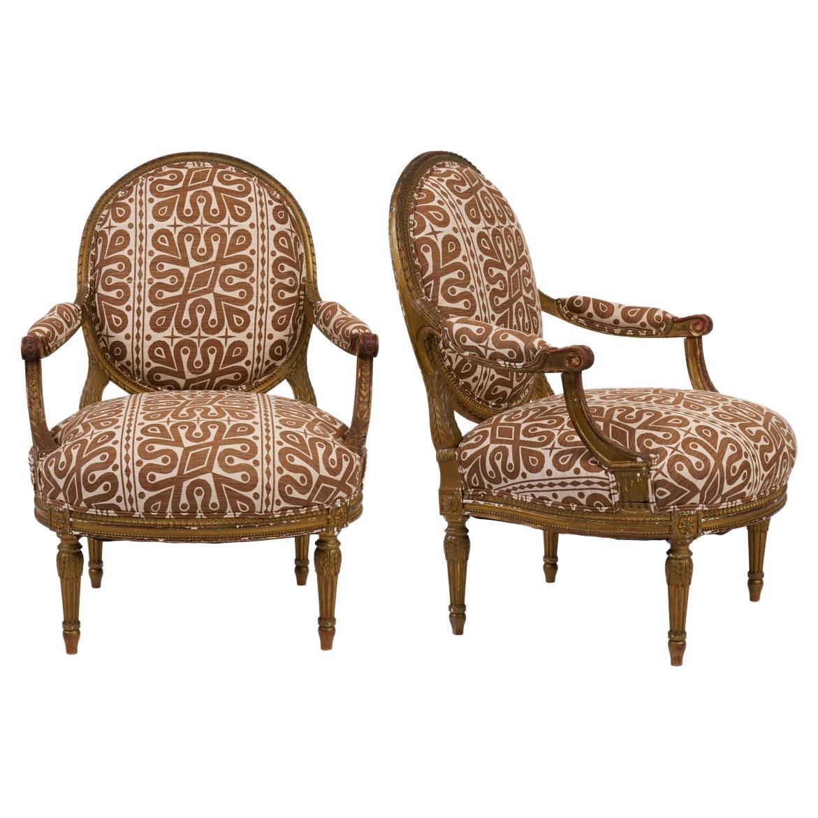 Pair of 19th Century Fauteuils Chairs, Newly Upholstered in Schumacher Fabric For Sale