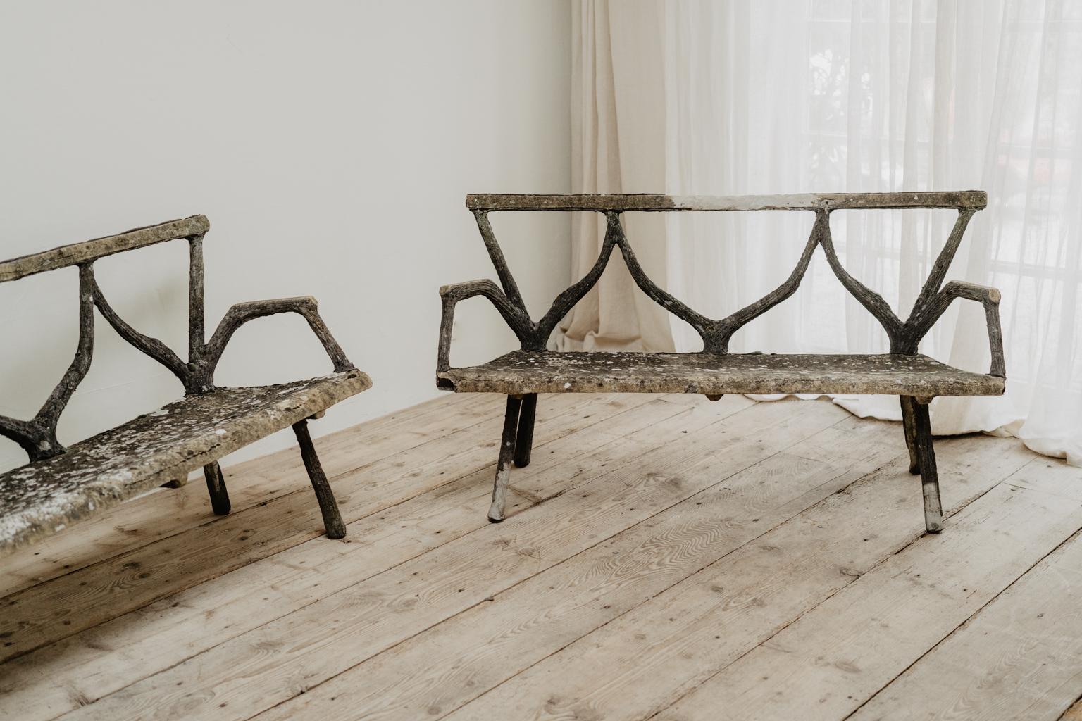 These beautiful weathered benches came out of a French castle garden, great design,
faux bois cement, some restorations, sturdy and smart...
