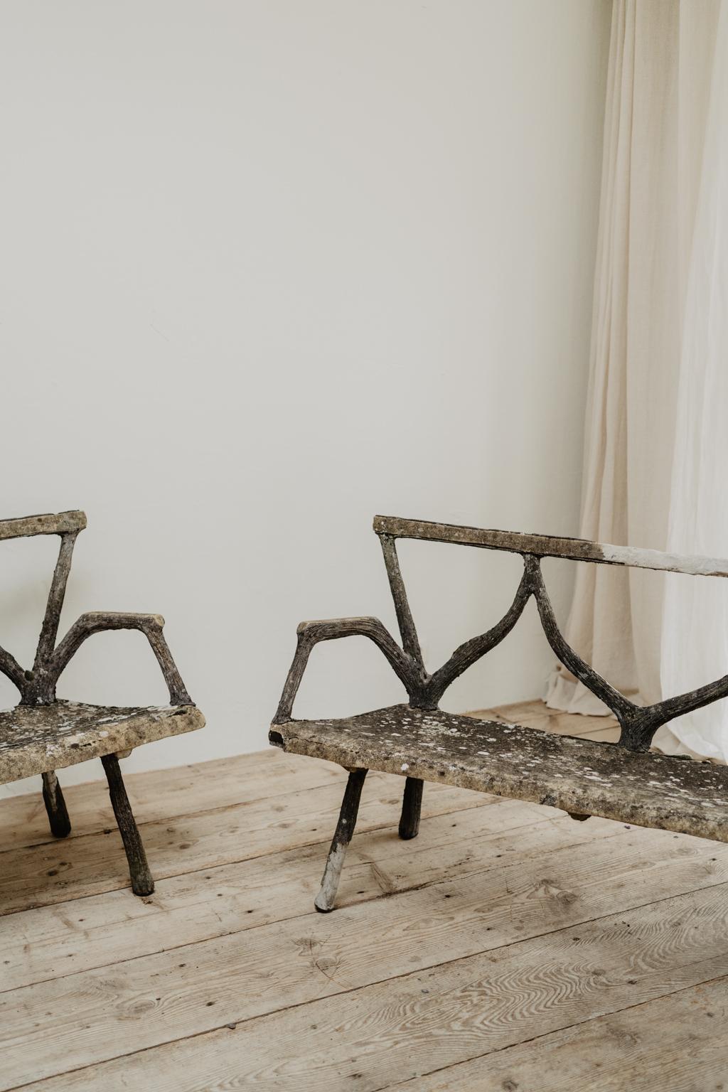Pair of 19th Century Faux Bois Garden Benches In Distressed Condition In Brecht, BE