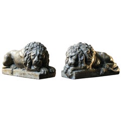 Pair of 19th Century Faux Marble Plaster Lions; after Antonio Canova
