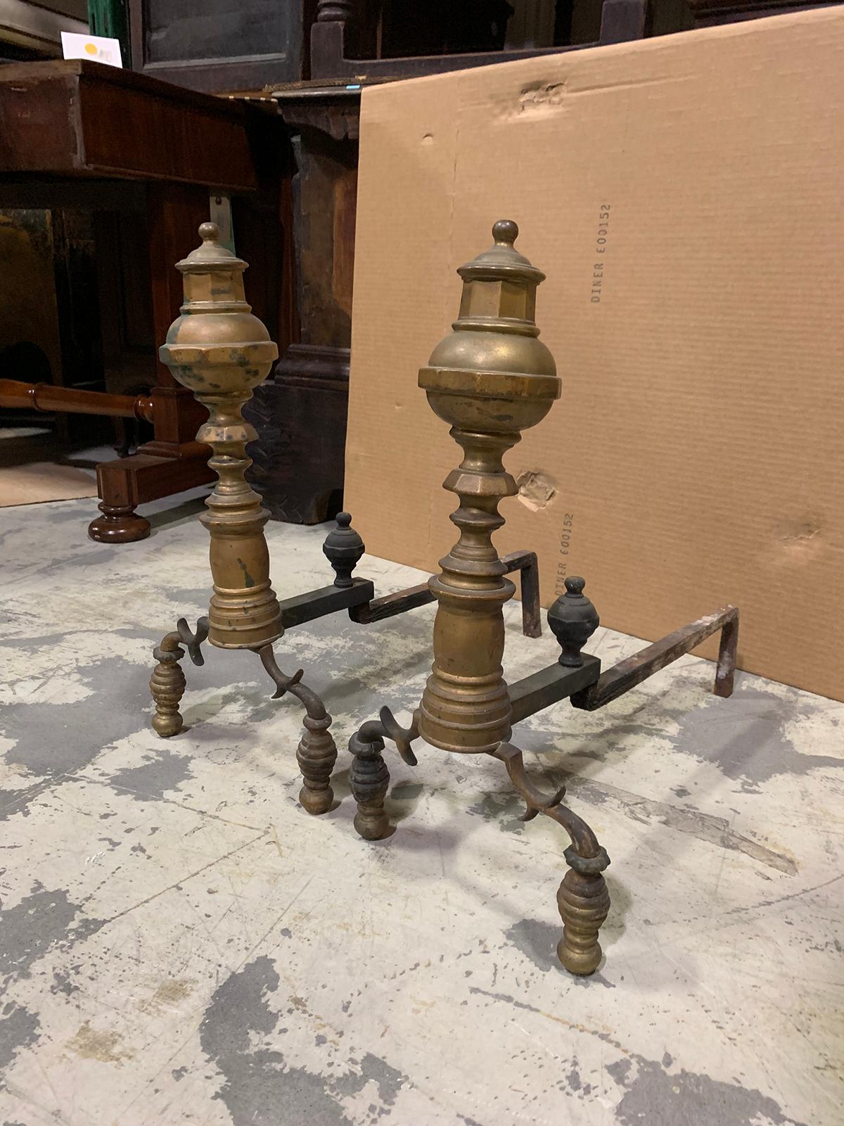 Pair of 19th Century Federal Style Brass Andirons For Sale 1