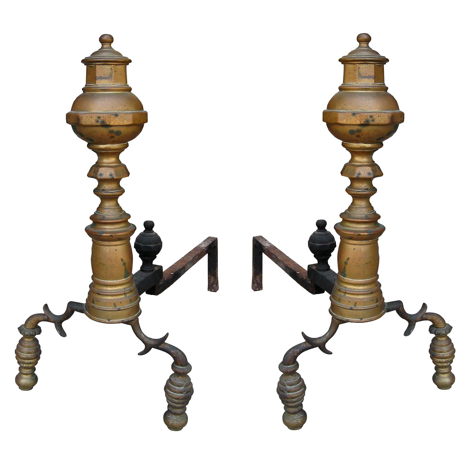 Pair of 19th Century Federal Style Brass Andirons For Sale