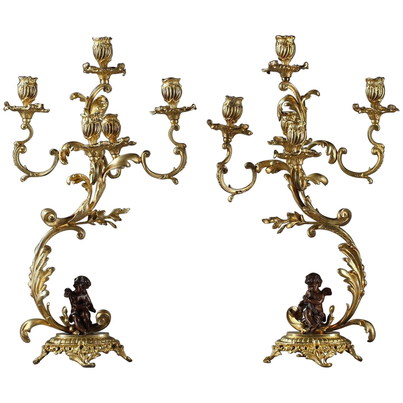 Pair of 19th Century Figural Bronze Candelabra Lamps