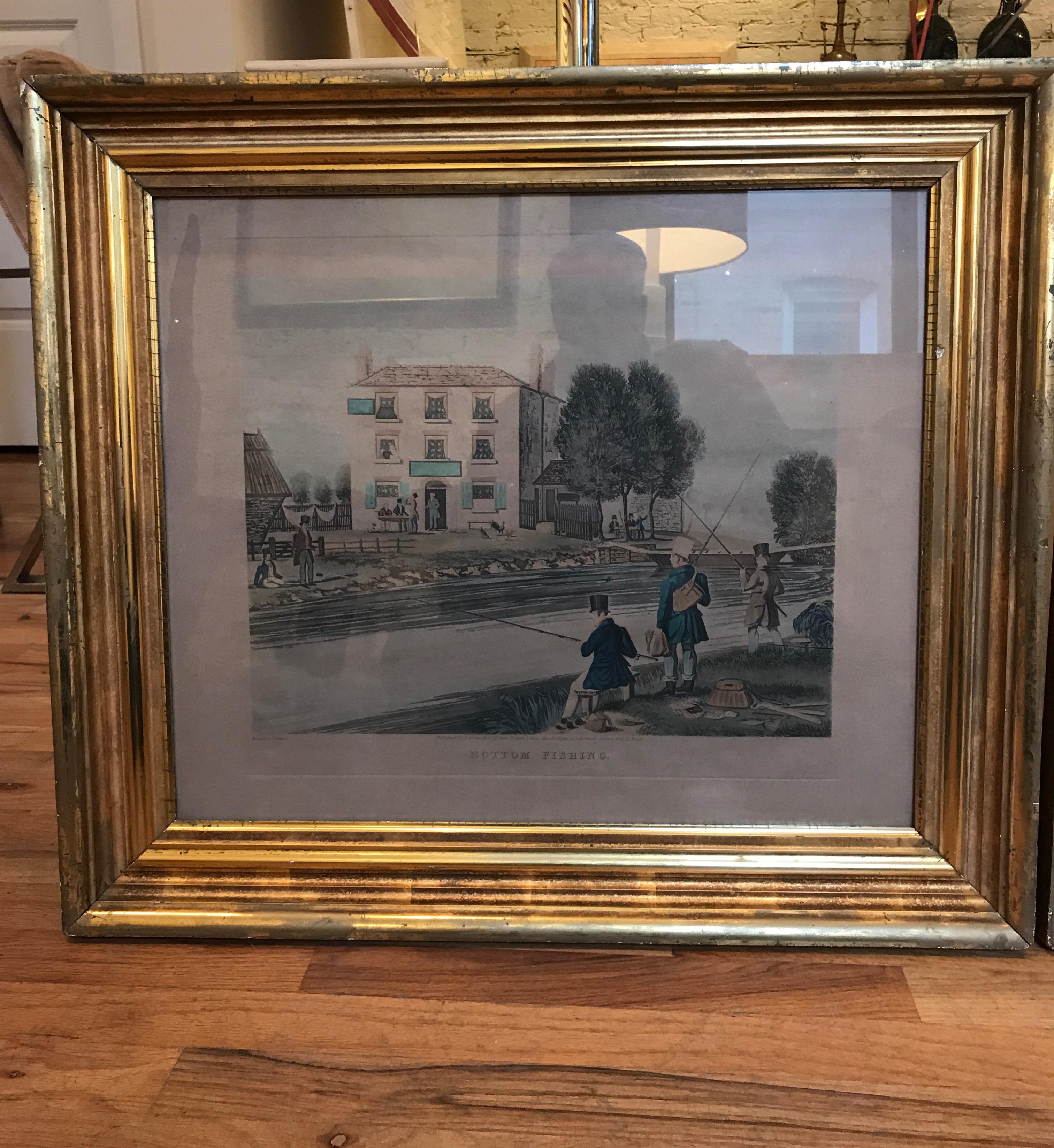 American Classical Pair of 19th Century Fishing Prints in Original Classic American Giltwood Frames