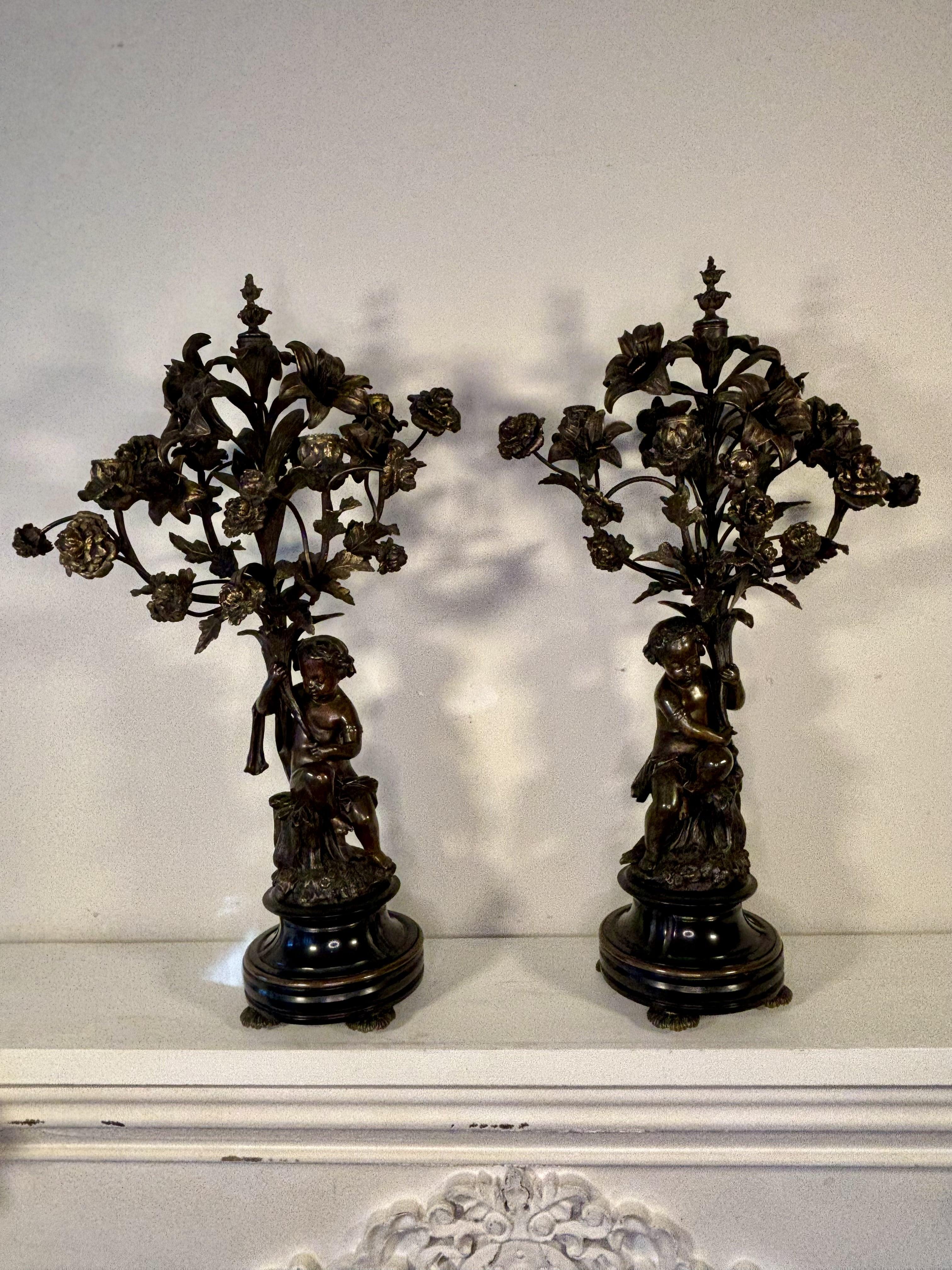 Pair of 19th century Five-Light Candelabras, in bronze, decorated With Putti 10