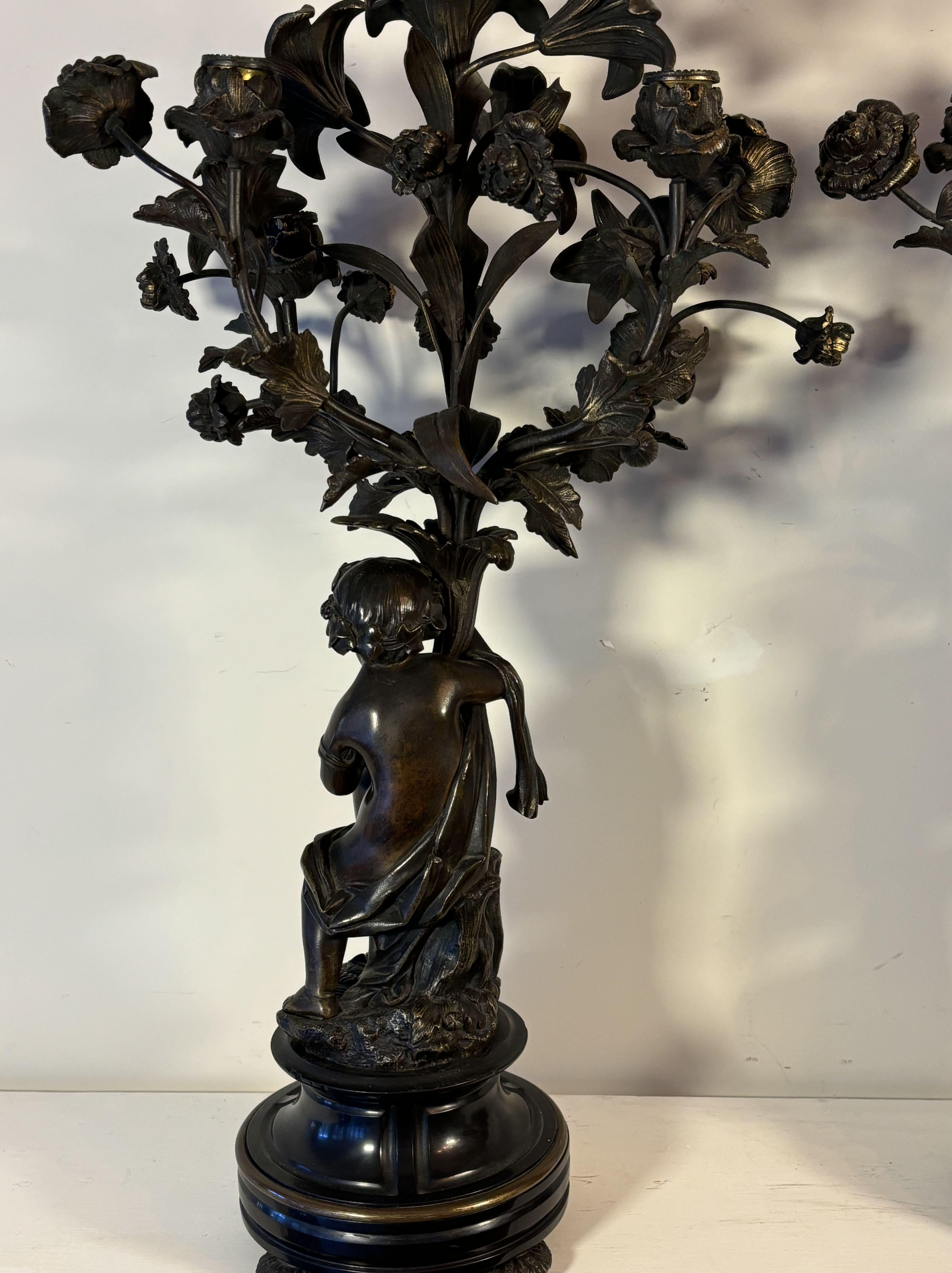 Bronze Pair of 19th century Five-Light Candelabras, in bronze, decorated With Putti