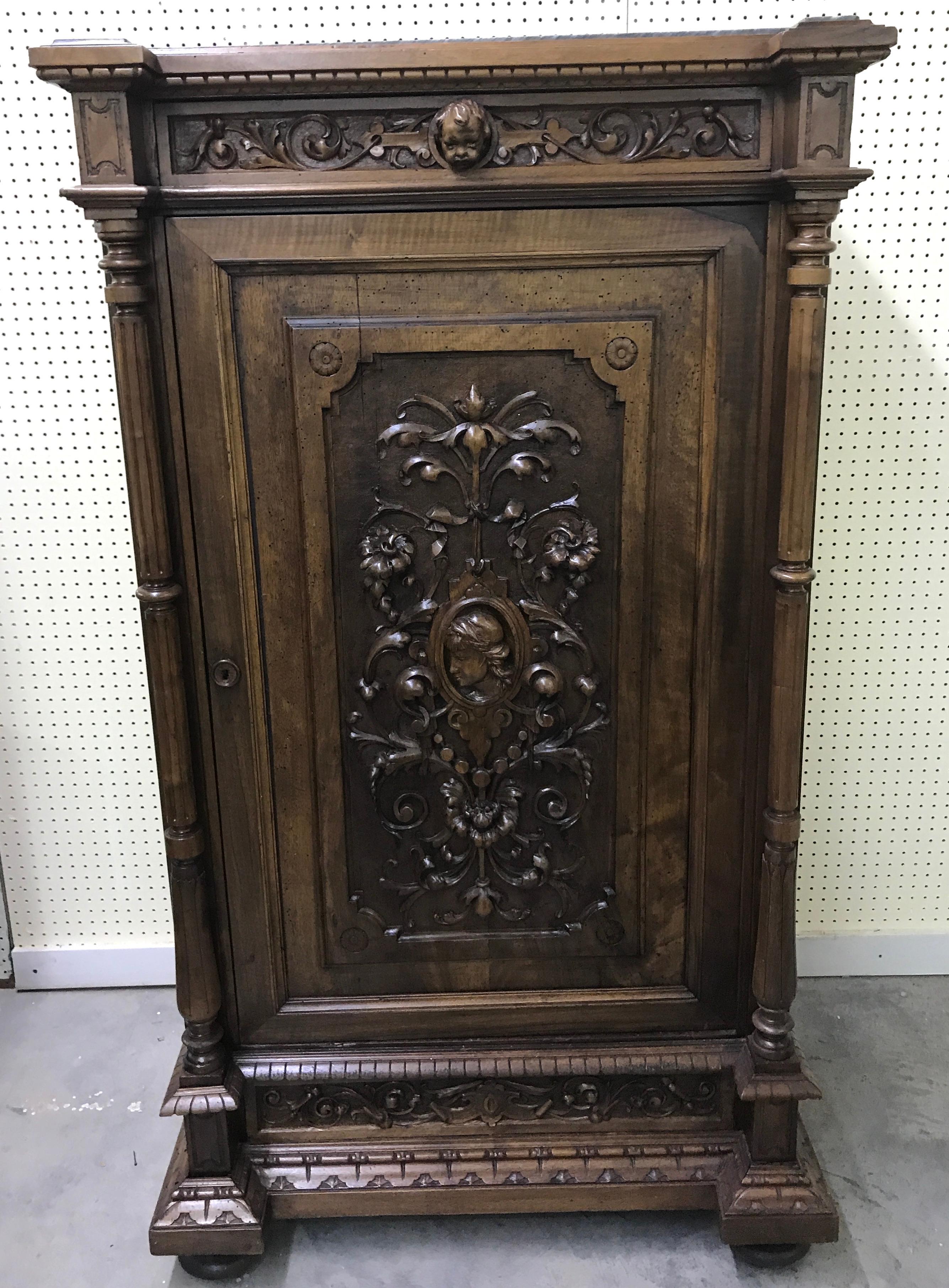 Pair of 19th Century Flemish Carved Walnut and Marble Cabinets For Sale 7