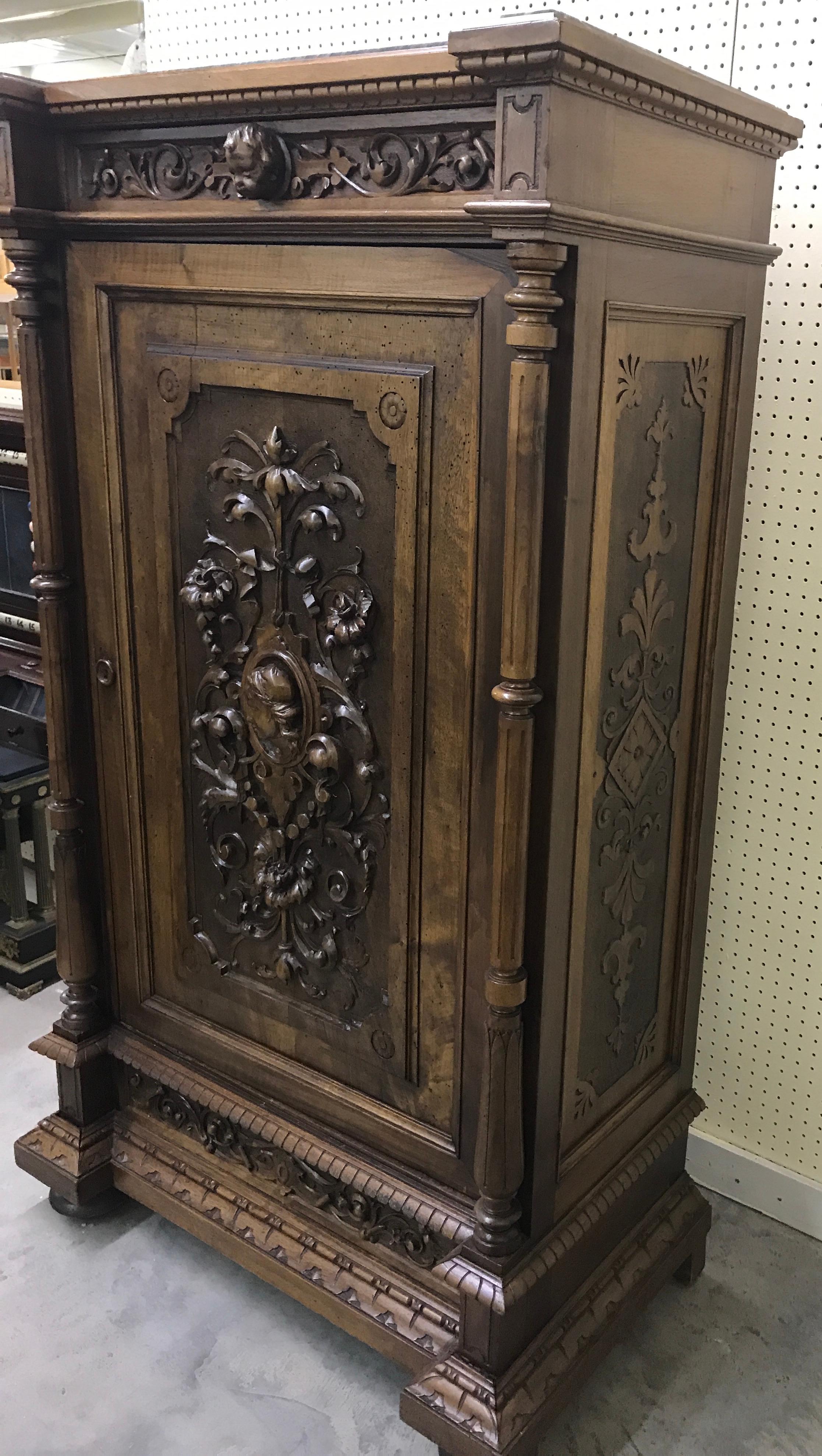 Pair of 19th Century Flemish Carved Walnut and Marble Cabinets For Sale 9