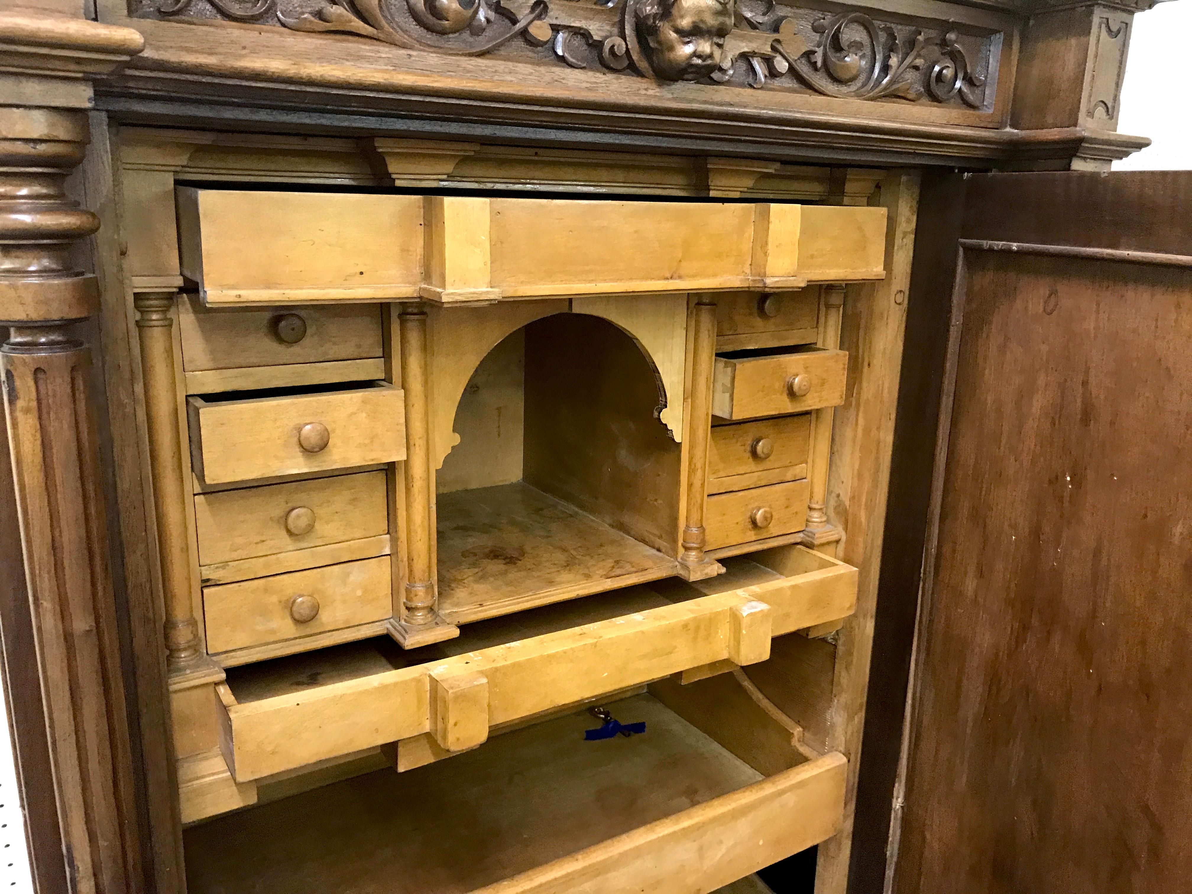 Pair of 19th Century Flemish Carved Walnut and Marble Cabinets For Sale 15