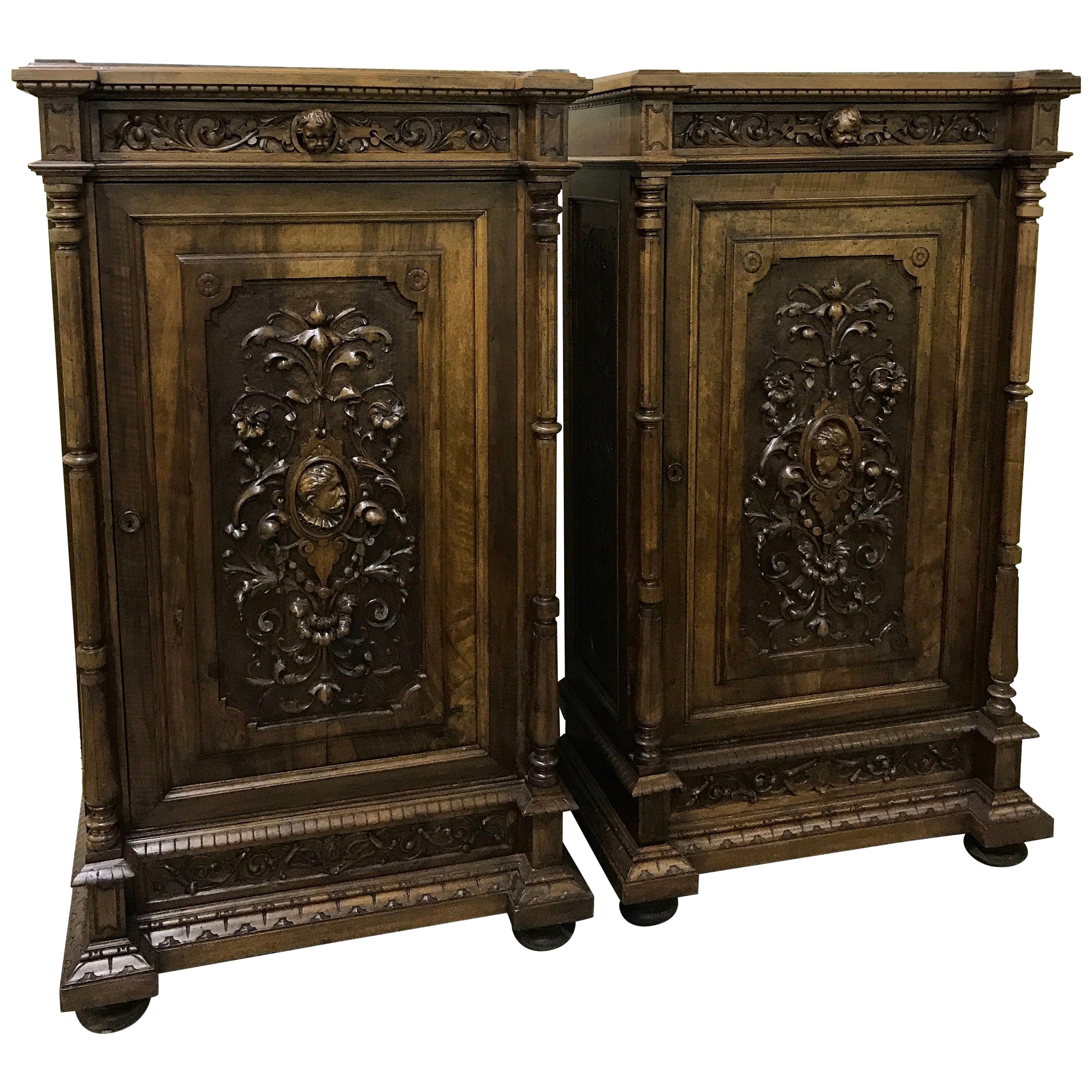 Pair of 19th Century Flemish Carved Walnut and Marble Cabinets For Sale
