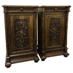 Pair of 19th Century Flemish Carved Walnut and Marble Cabinets
