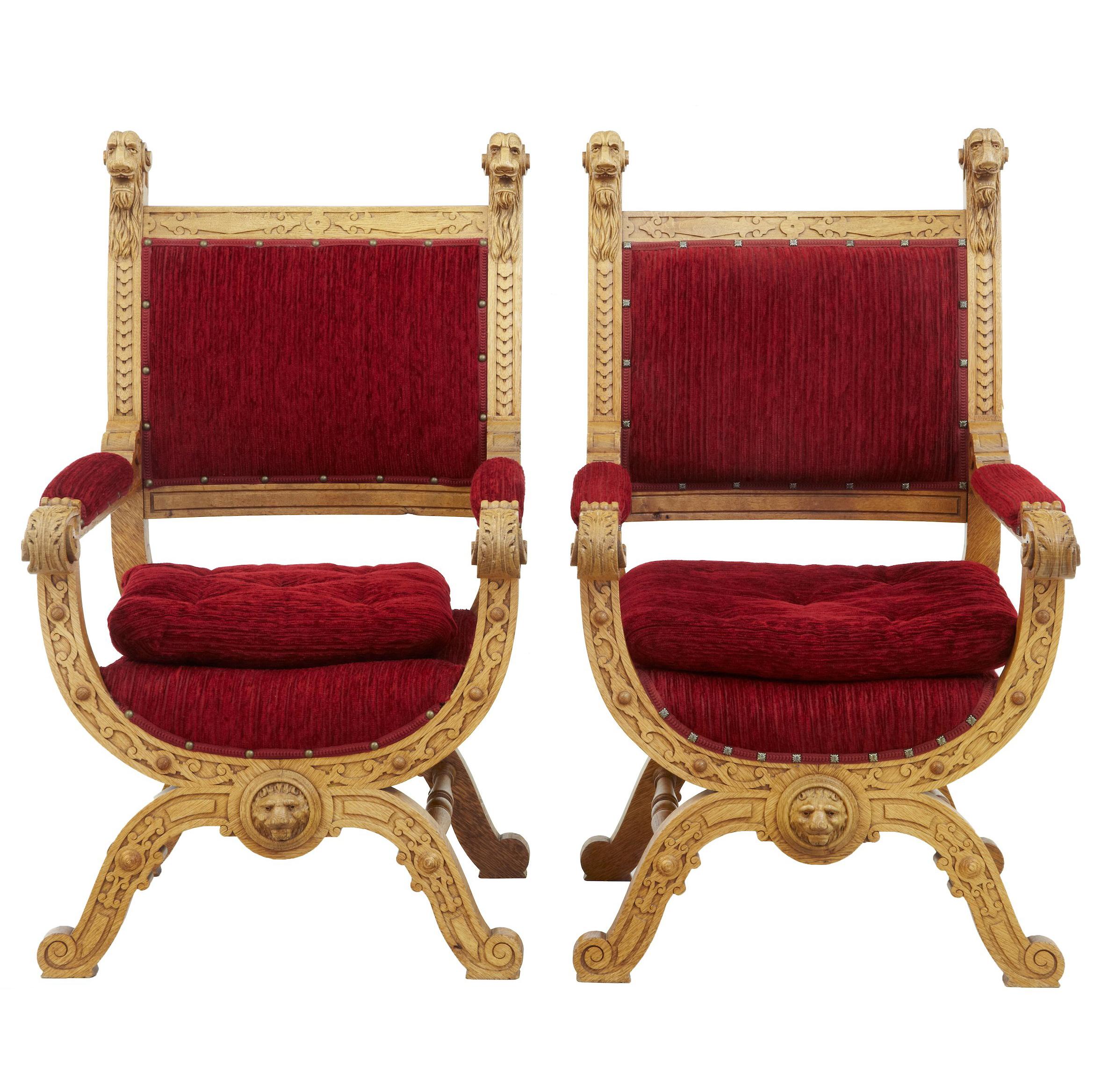 Pair of 19th Century Flemish Light Oak Throne Armchairs