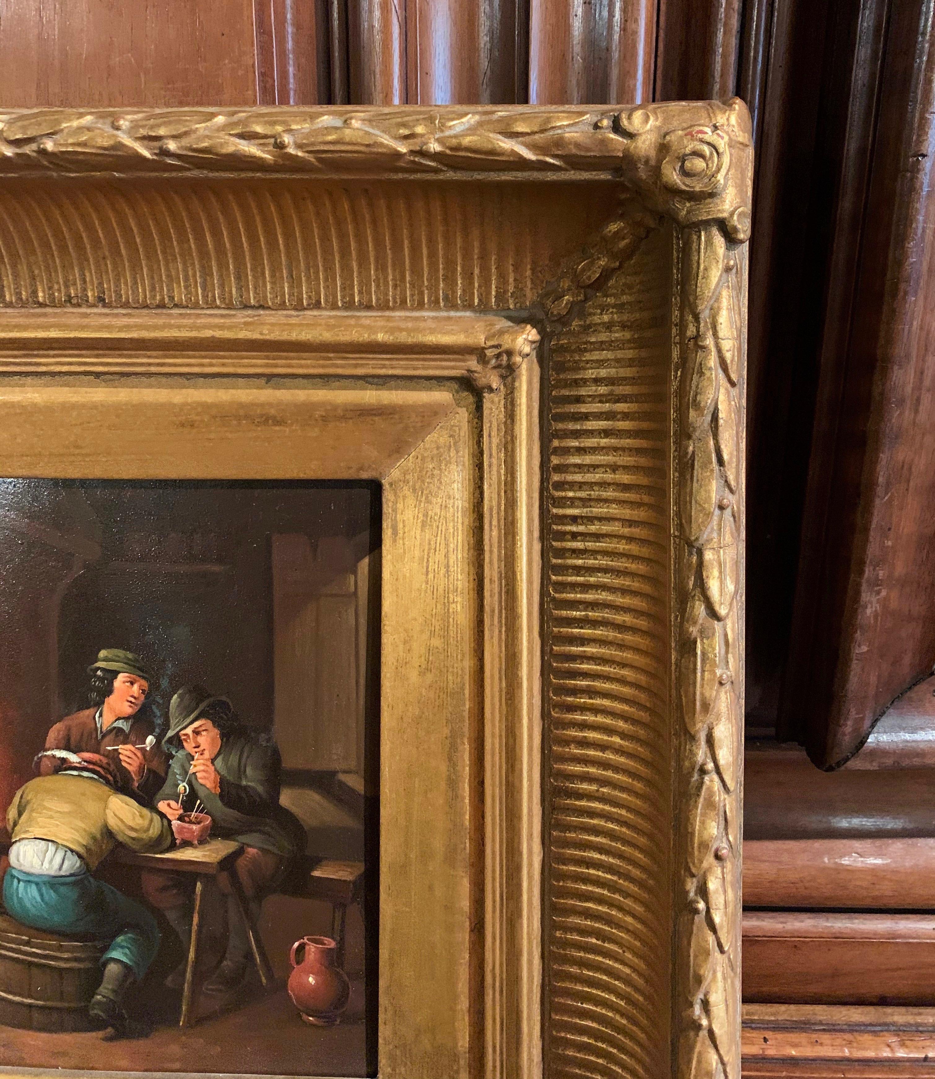 Pair of 19th Century Flemish Oil on Copper Paintings in Gilt Frame after Teniers For Sale 3