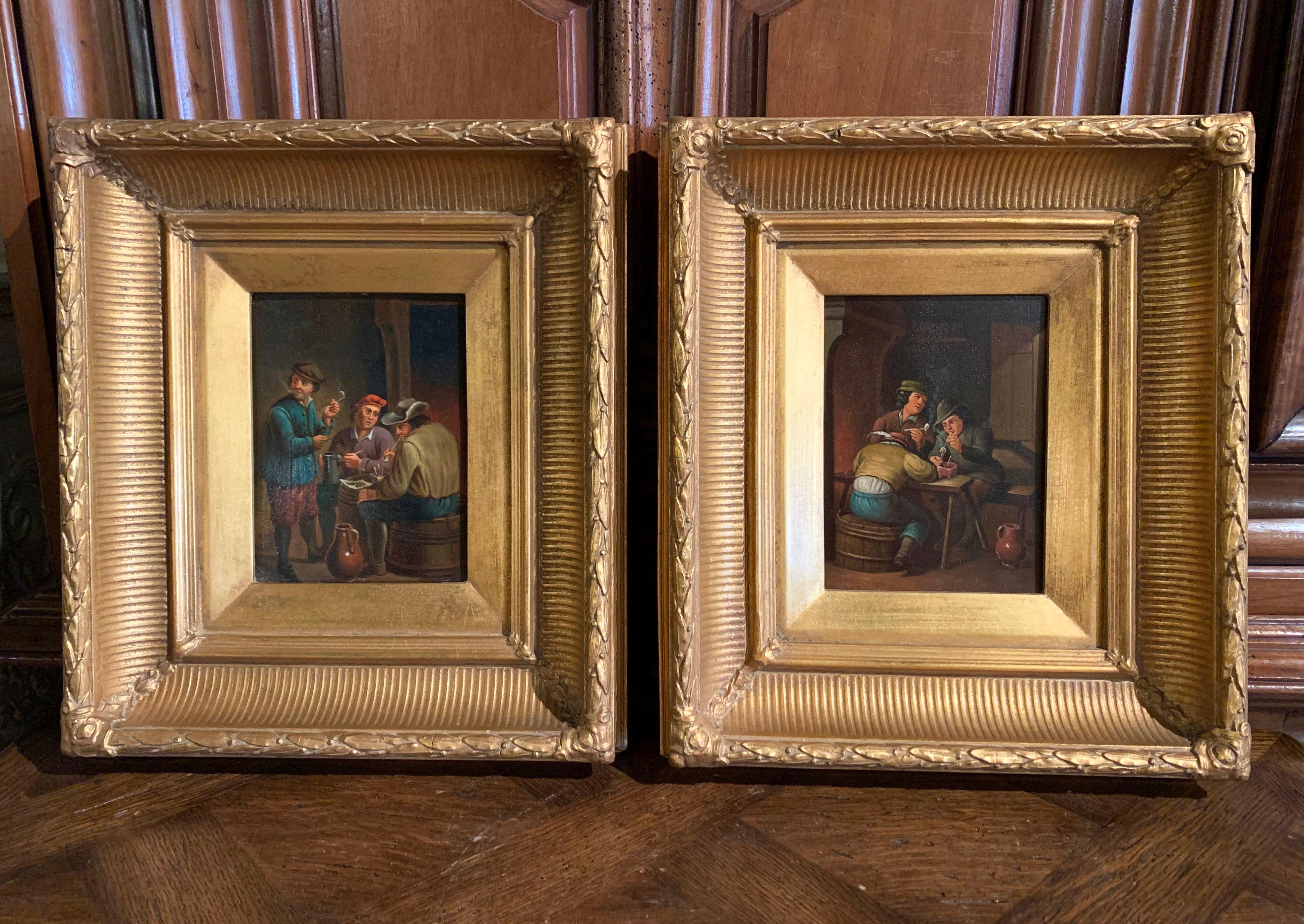 Paar flämische Gemälde des 19. Jahrhunderts:: Öl auf Kupfer:: in vergoldetem Rahmen nach Teniers (Vergoldet) im Angebot