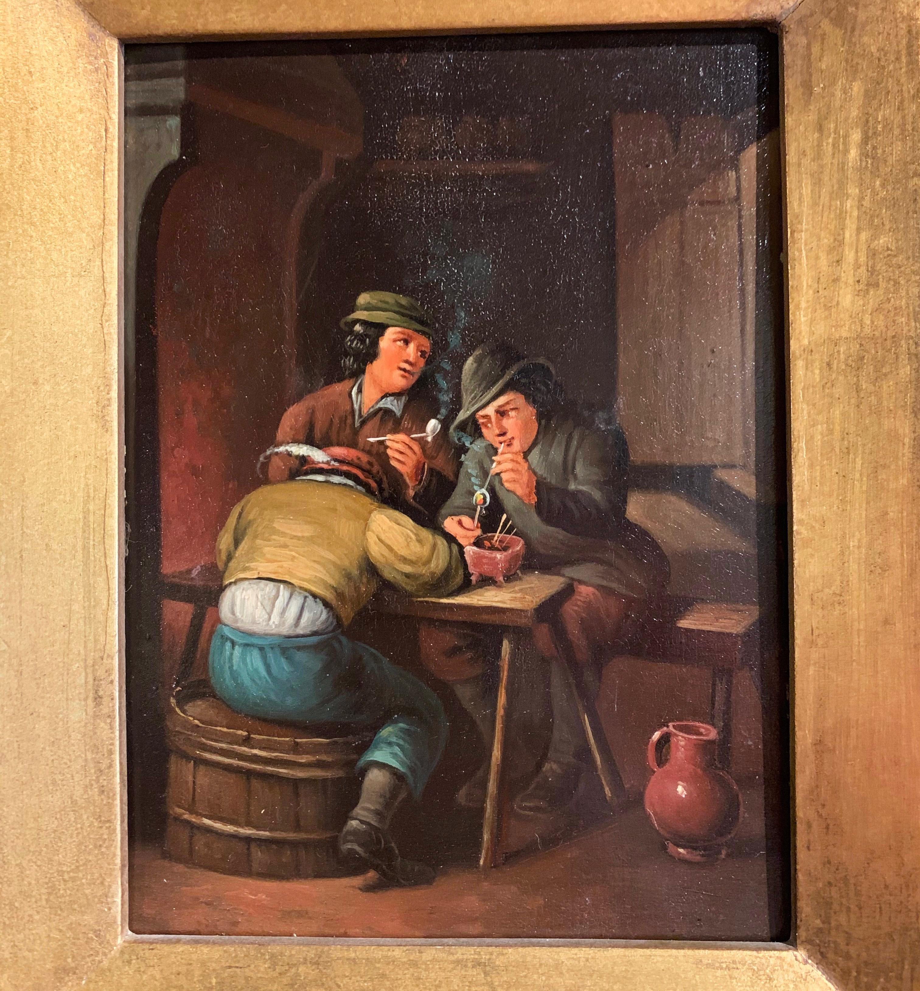 Paar flämische Gemälde des 19. Jahrhunderts:: Öl auf Kupfer:: in vergoldetem Rahmen nach Teniers im Angebot 3