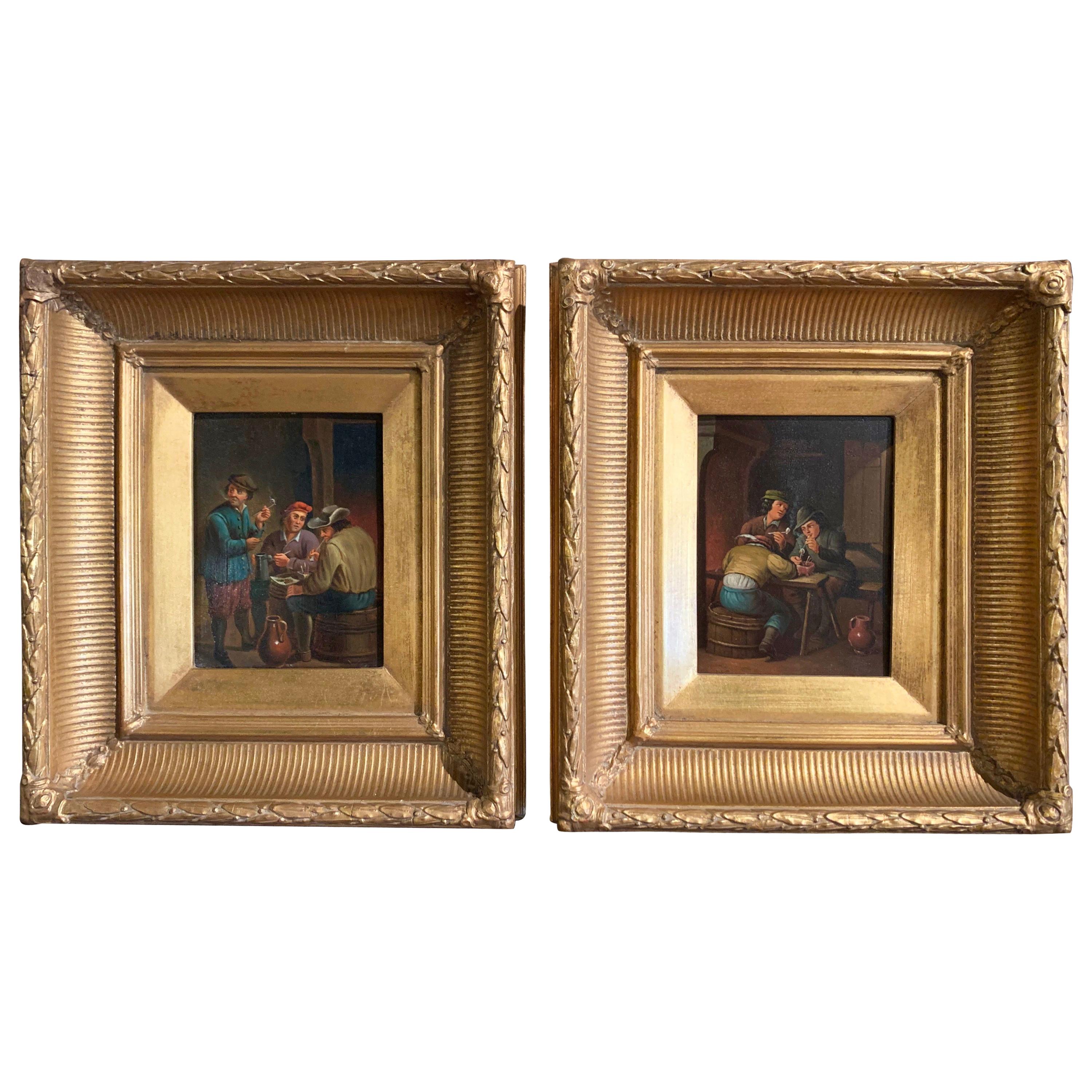 Paire de peintures flamandes du 19ème siècle à l'huile sur cuivre dans un cadre doré d'après Teniers