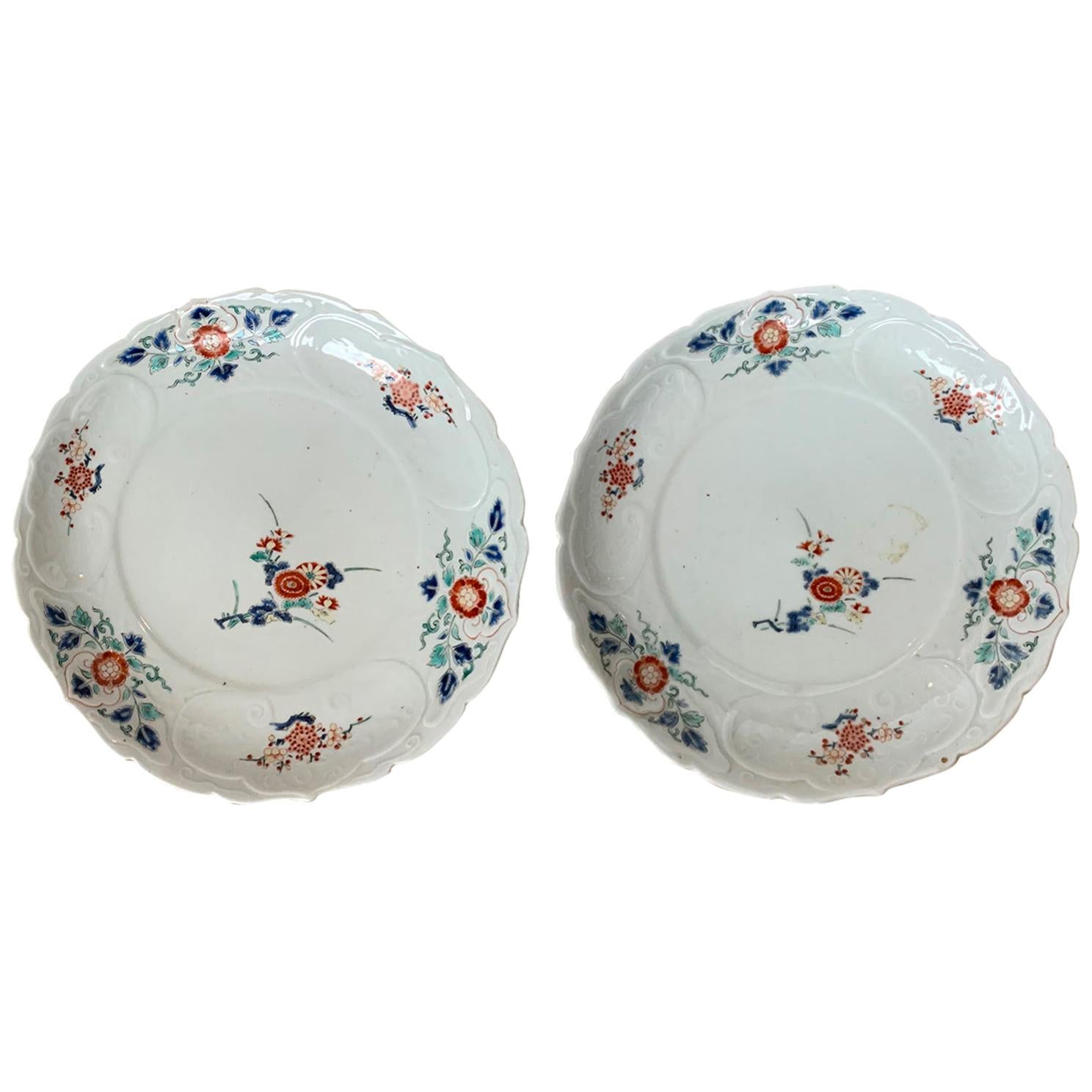 Pair of 19th Century Floral Round Porcelain Plates with Scalloped Edge, Unmarked For Sale