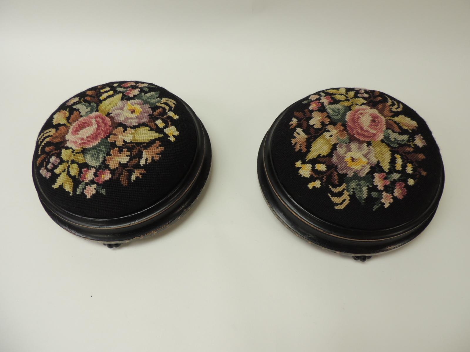 Black Forest Pair of 19th Century Floral Tapestry English Round Foot Stools