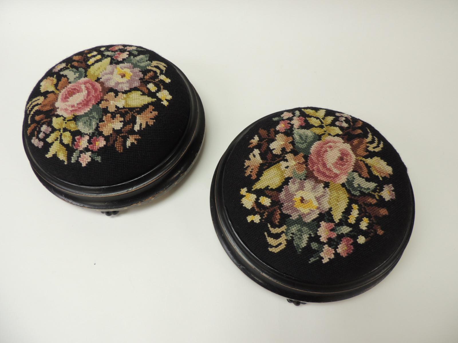 Pair of 19th Century Floral Tapestry English Round Foot Stools In Good Condition In Oakland Park, FL