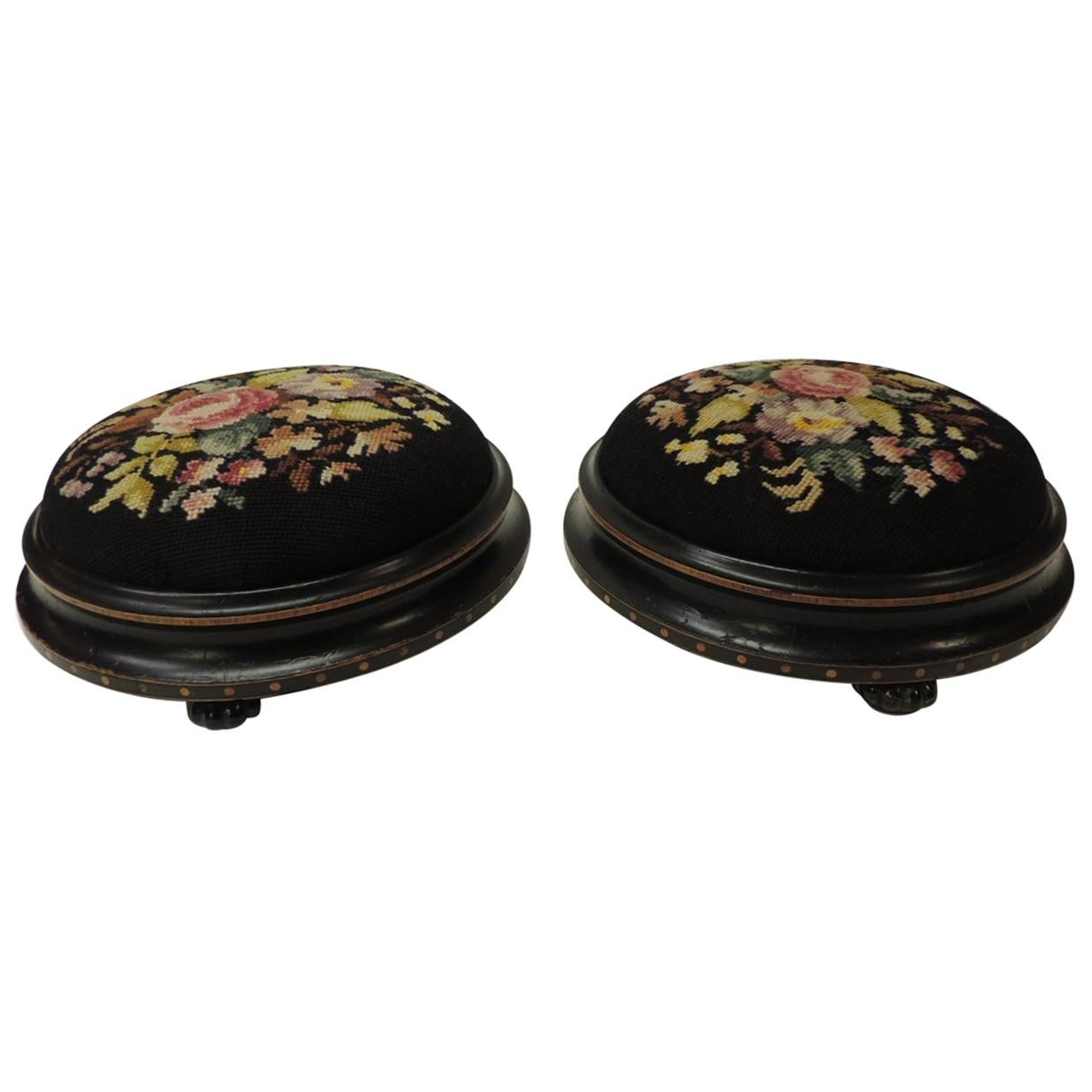 Pair of 19th Century Floral Tapestry English Round Foot Stools