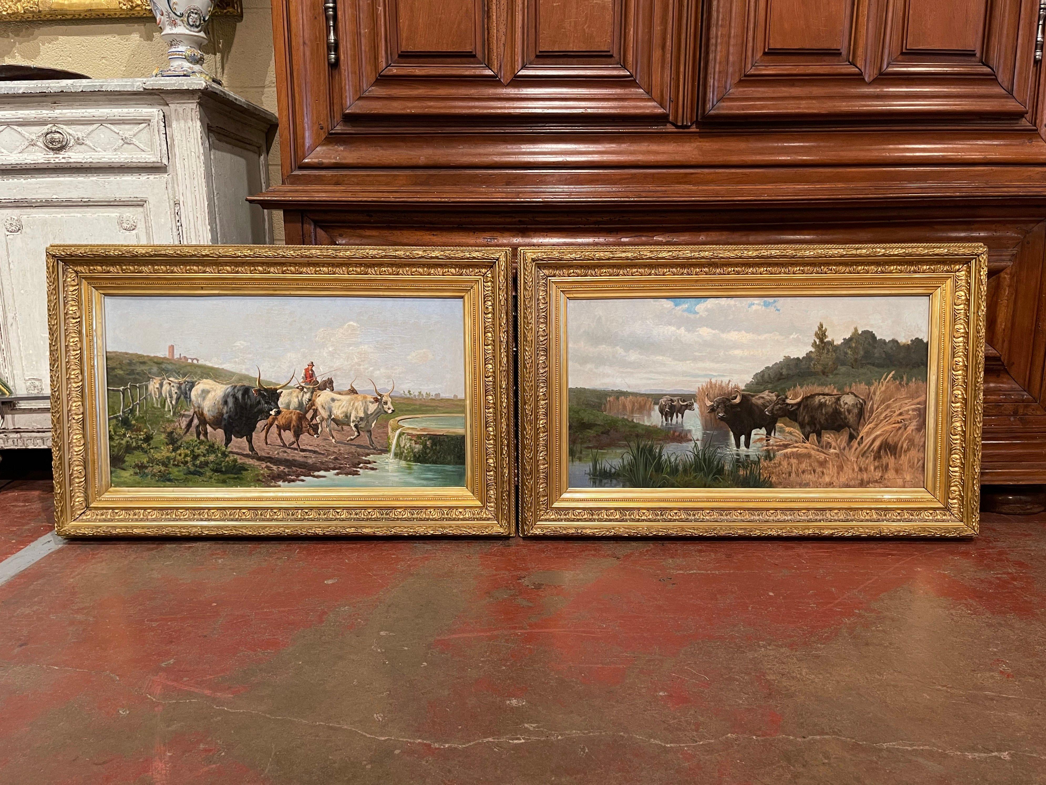 Decorate a den, study or office with this elegant pair of antique paintings. Painted in Rome, Italy, and signed by the artist, A. de Simoni, and set in the original carved gilt wood frame, each painting depicts a landscape scene with herdsman