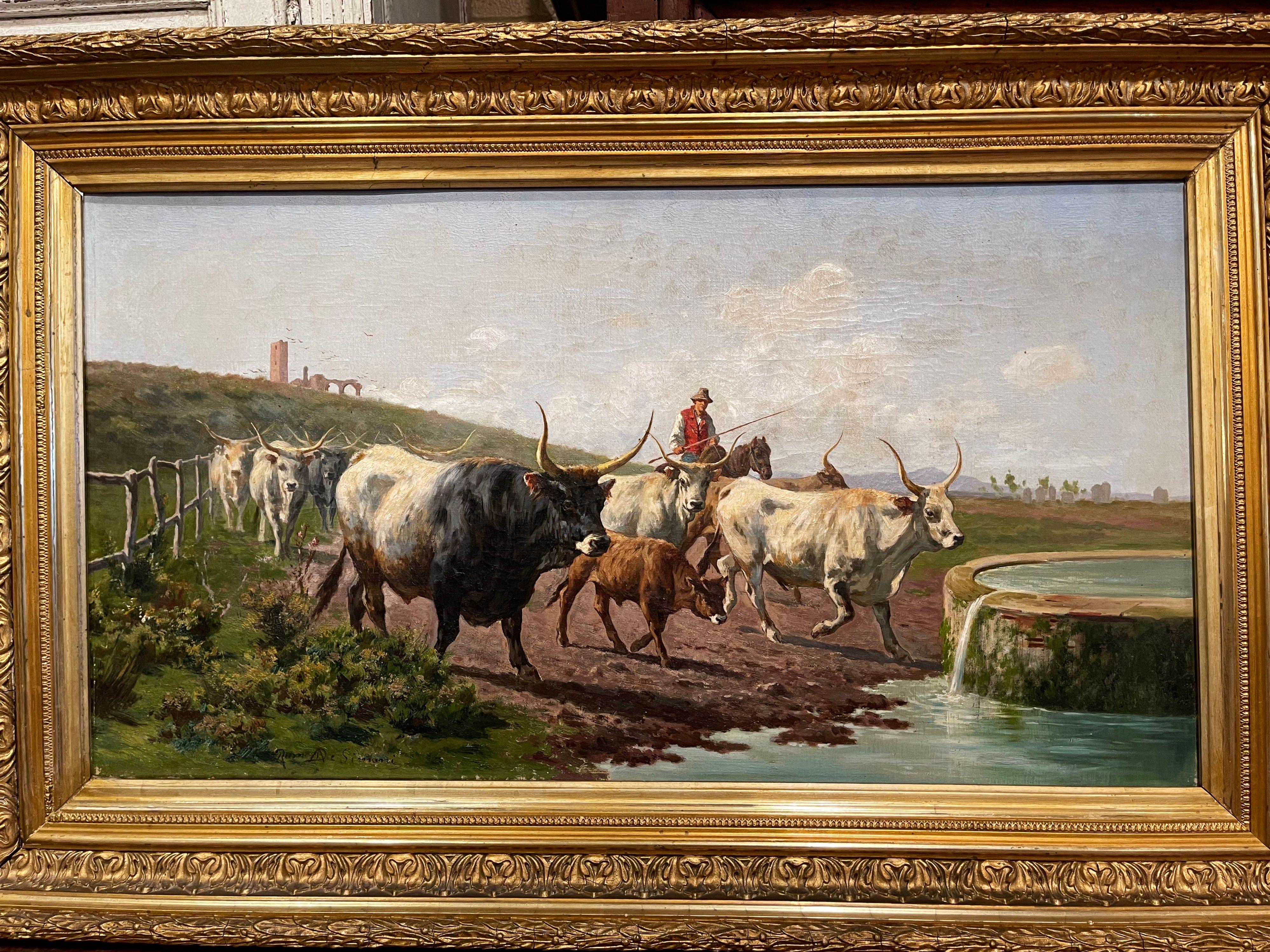 Italian Pair of 19th Century Framed Oil on Canvas Cow Paintings Signed A. de Simoni