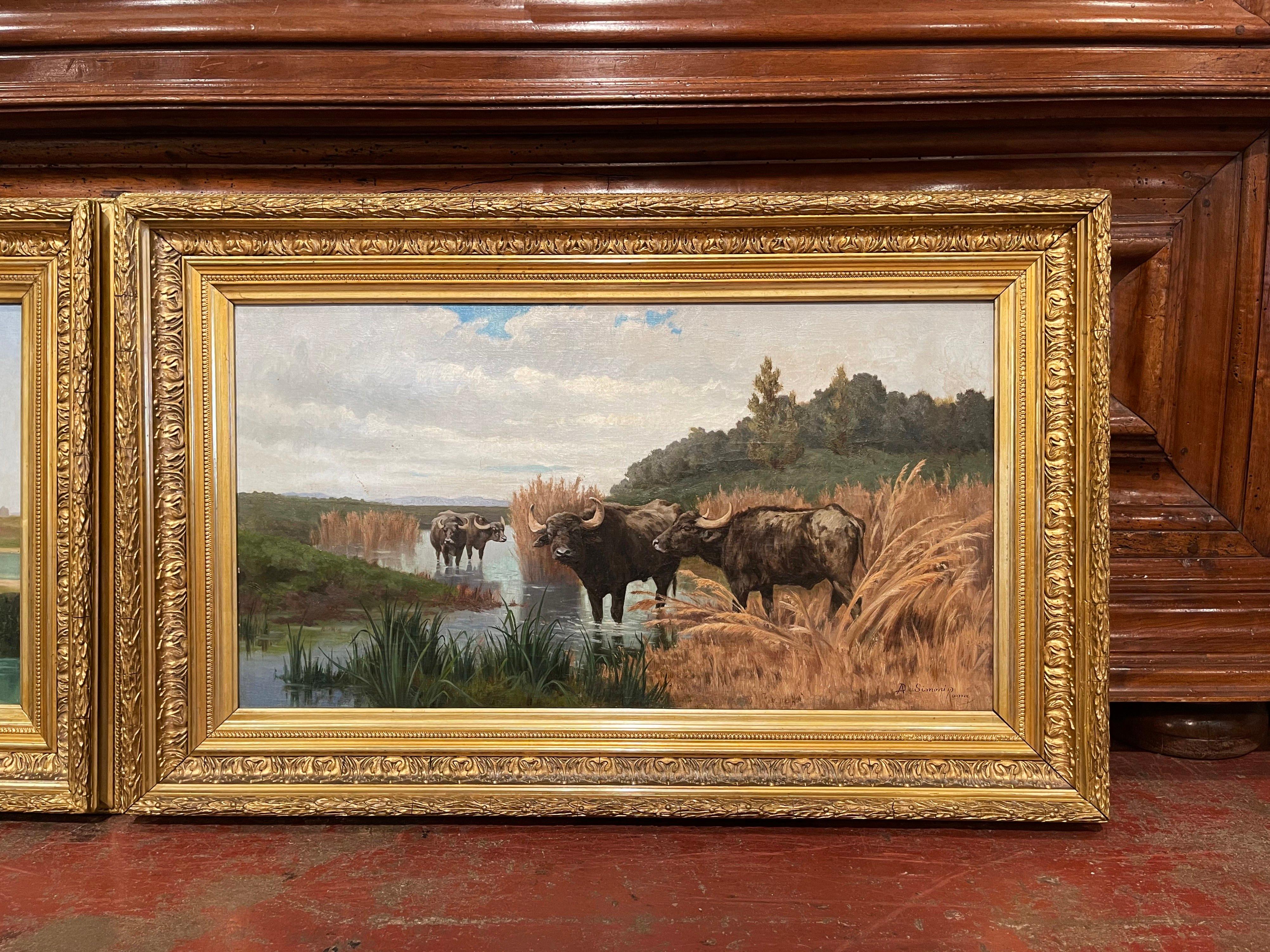 Pair of 19th Century Framed Oil on Canvas Cow Paintings Signed A. de Simoni In Excellent Condition In Dallas, TX