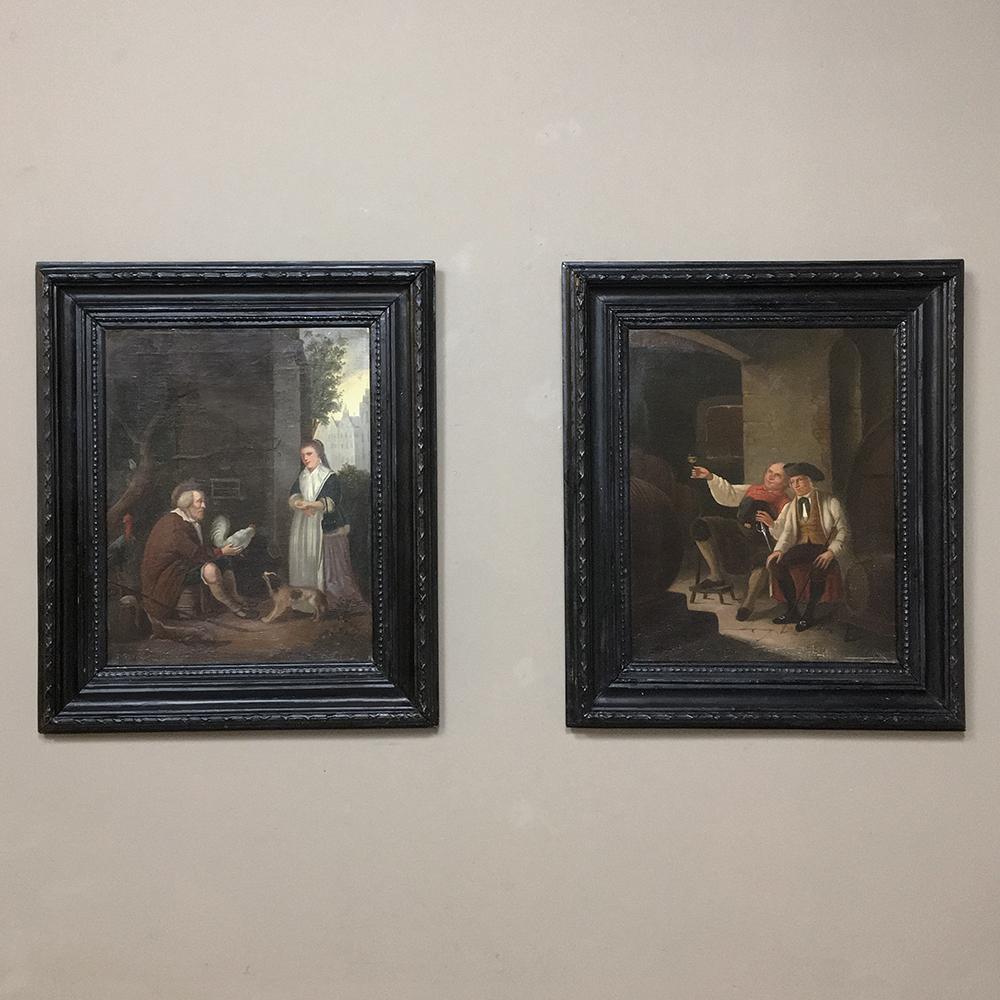 Pair 19th Century Framed Oil Paintings on Canvas by I. Gorius depicts life in a quaint village, with a tavern scene on one, and a market scene on the other, giving us a glimpse of life in 16th through the 18th Century Europe.  The artist has