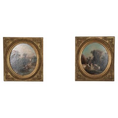 Pair of 19th Century Framed Romantic Chateau Oil Paintings