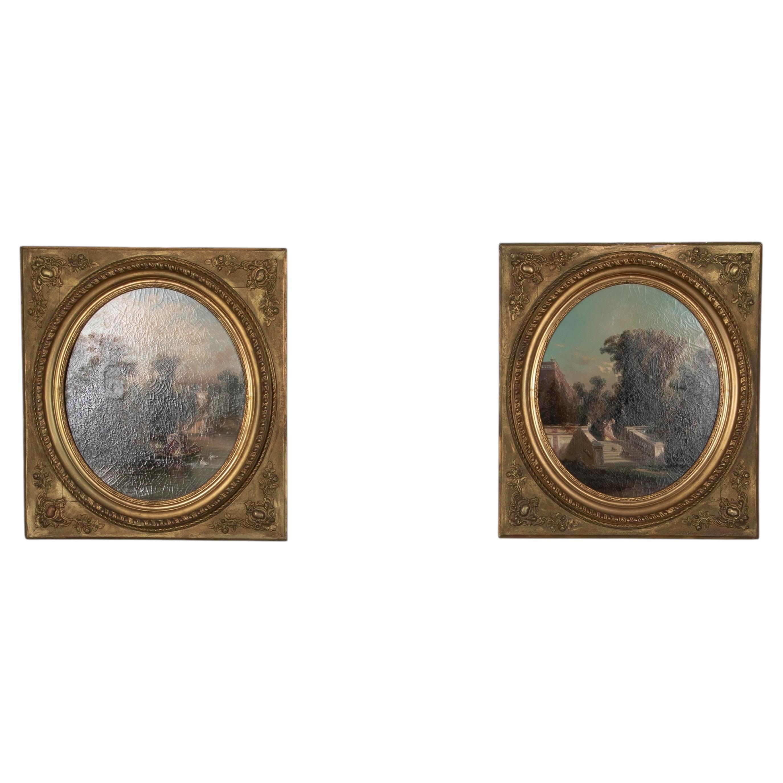 Pair of 19th Century Framed Romantic Chateau Oil Paintings For Sale