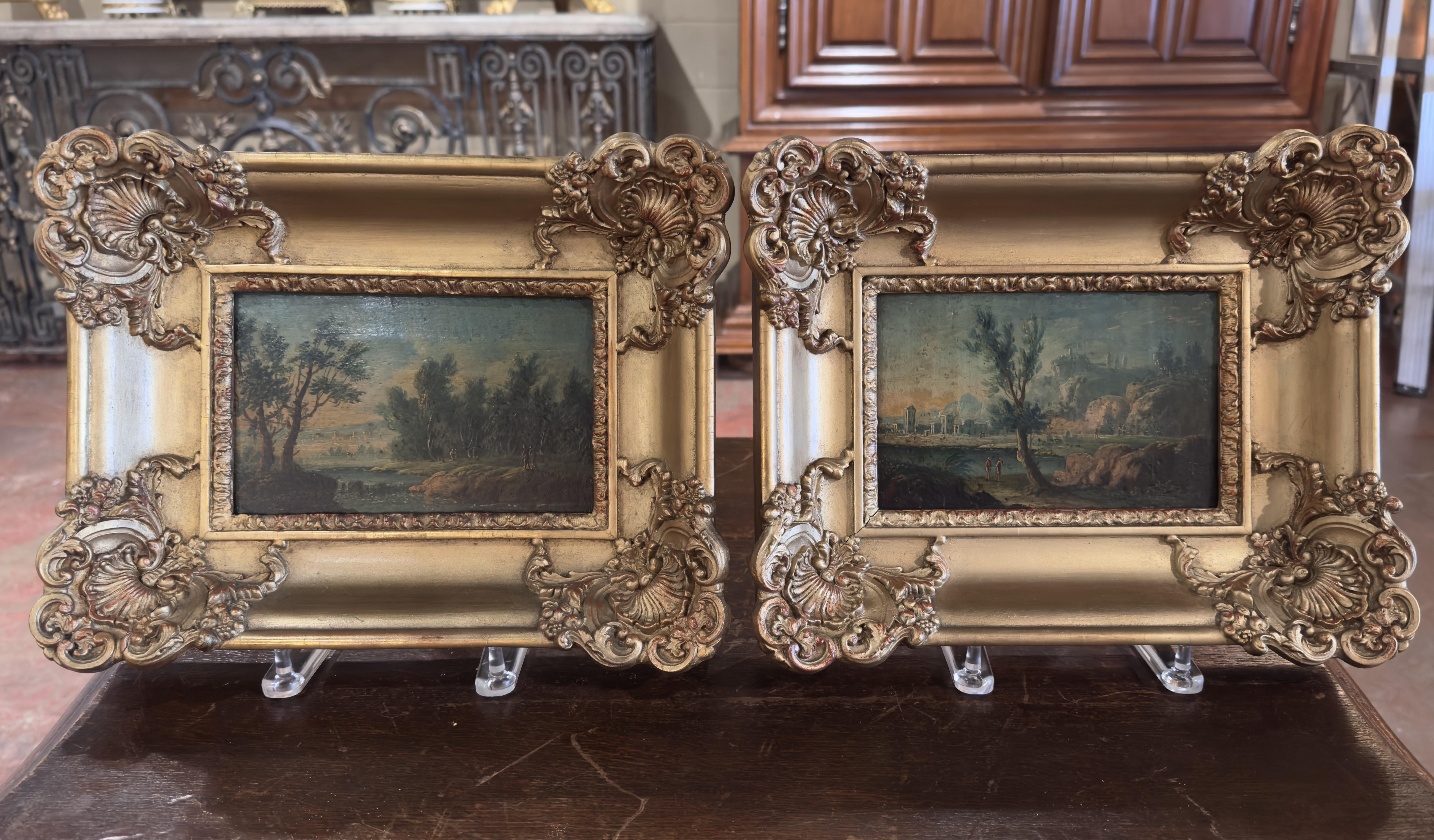Hand-Carved Pair of 19th Century Framed & Signed Oil on Panel Paintings 