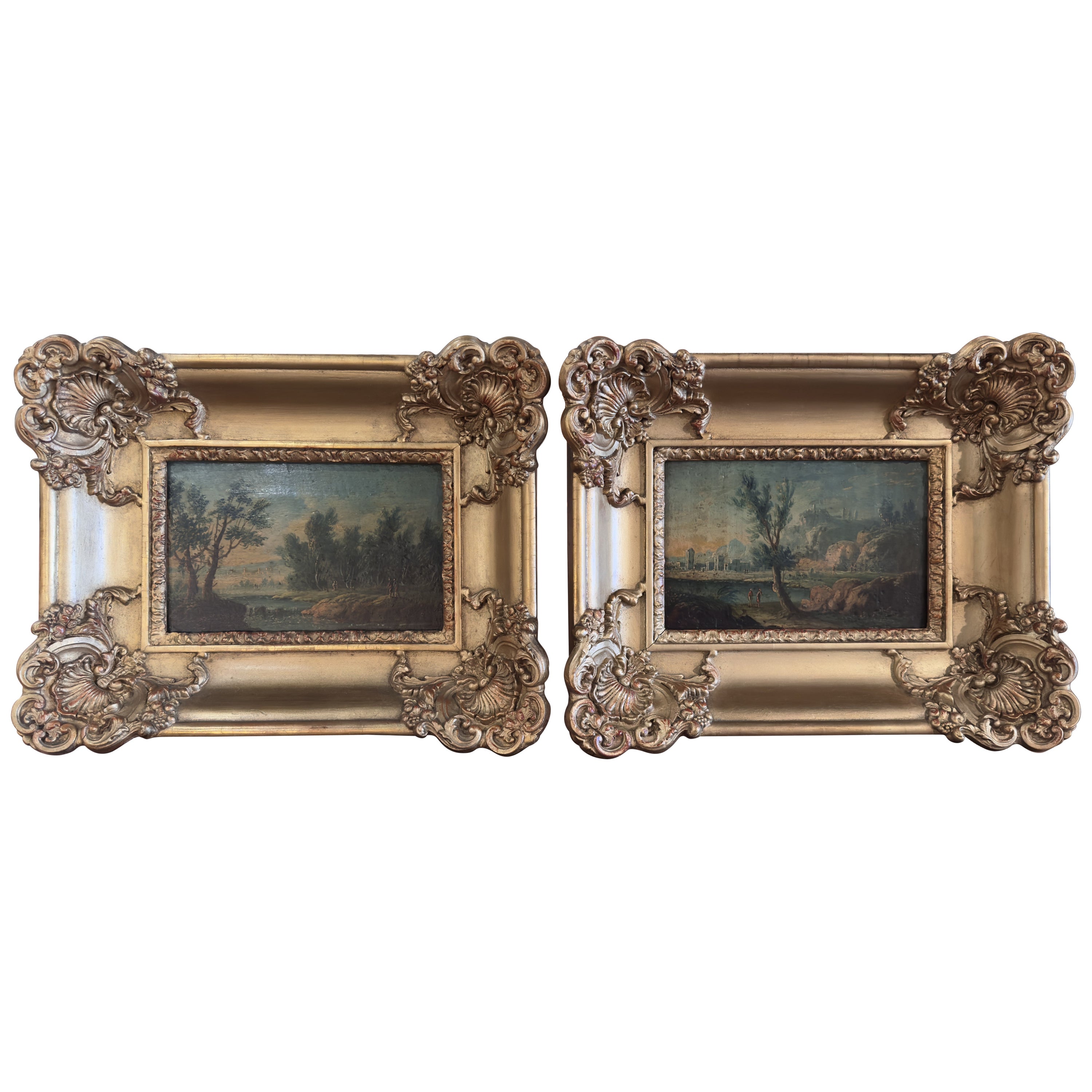 Pair of 19th Century Framed 
Signed Oil on Panel Paintings "Walk by the Lake"