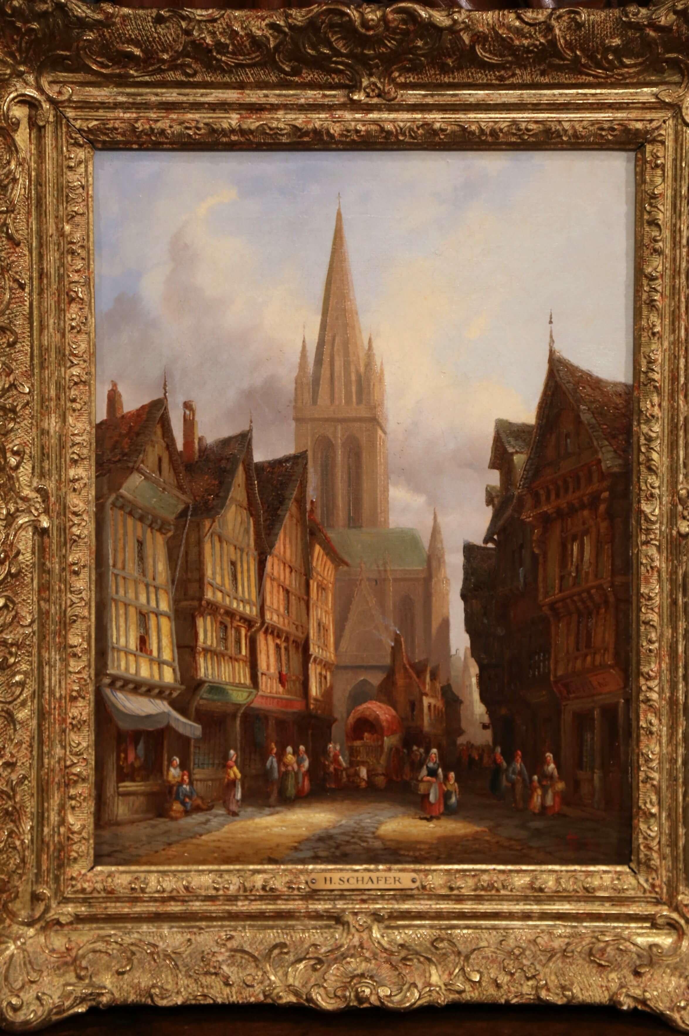 This pair of antique, rectangular oil on canvas paintings depict Classic European street scenes from the 19th century. Set in carved giltwood frames, the paintings feature a market day in Honfleur, Normandy and the other art work depicts the