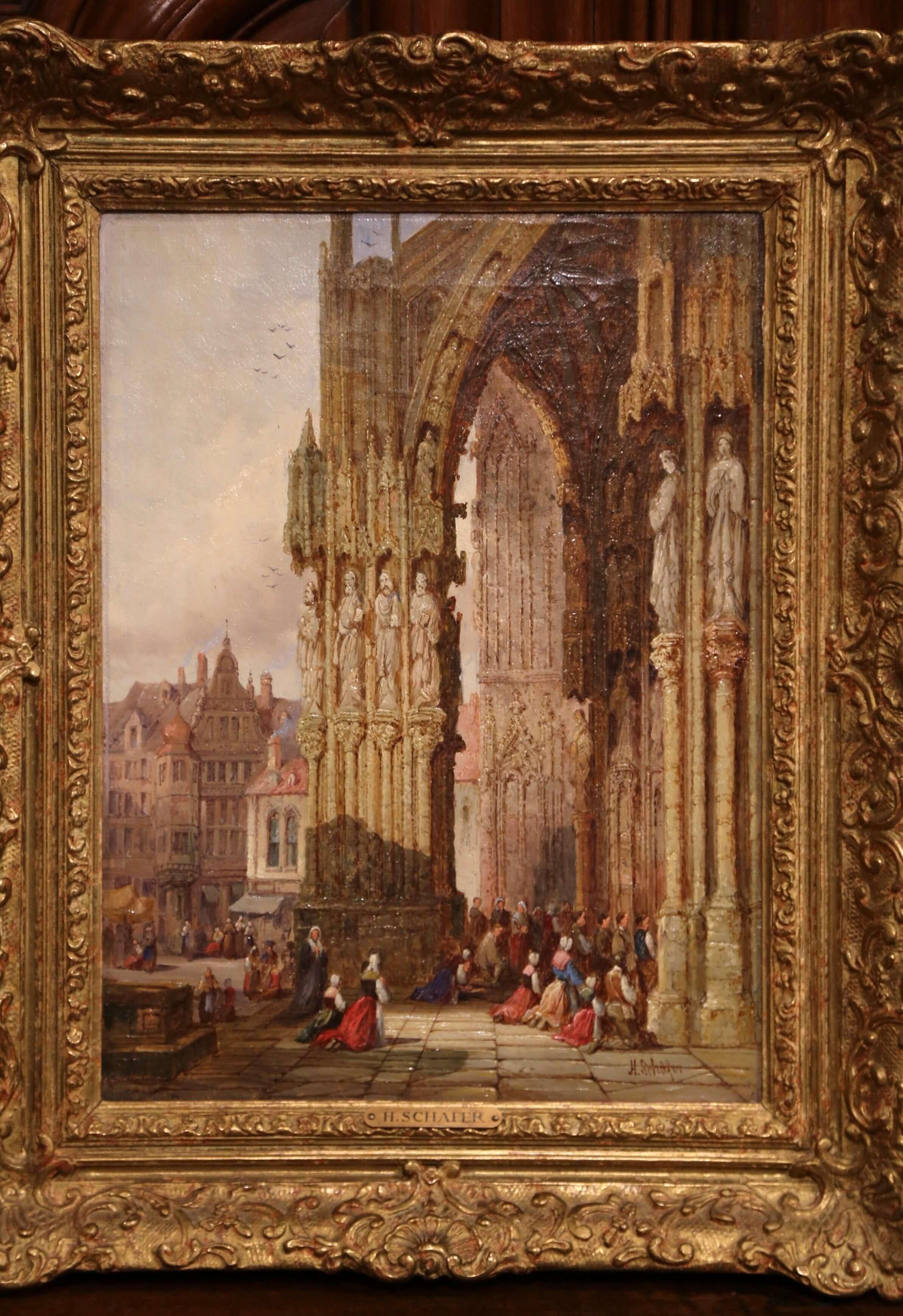 English Pair of 19th Century Framed Street Scenes Oil Paintings Signed Henry T. Schafer