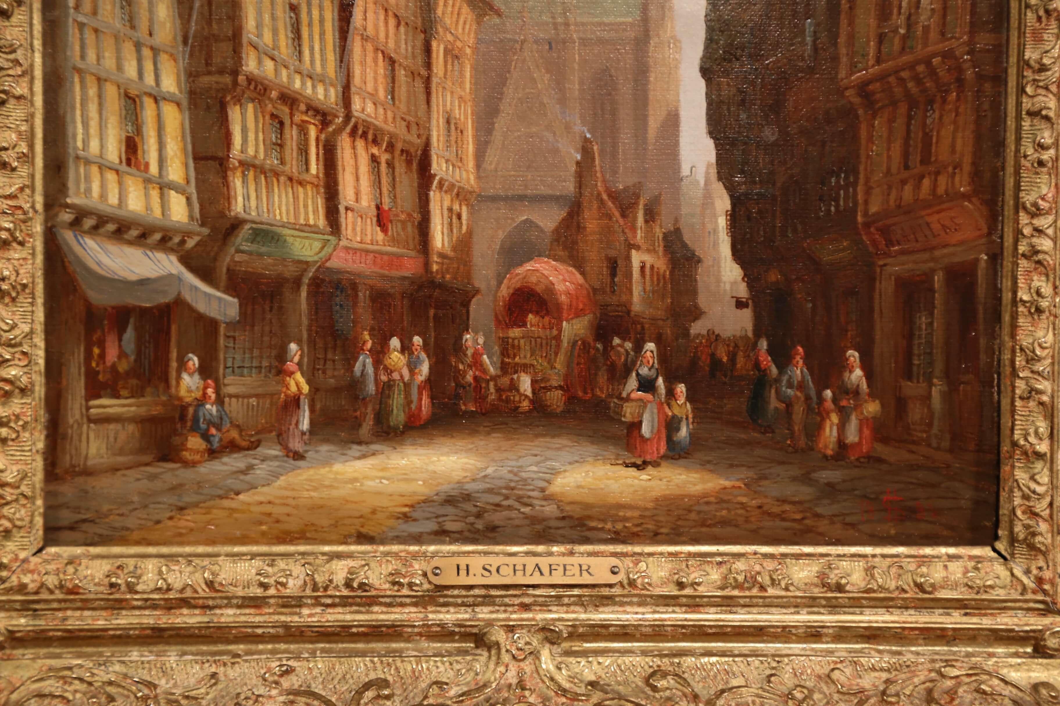 Gilt Pair of 19th Century Framed Street Scenes Oil Paintings Signed Henry T. Schafer