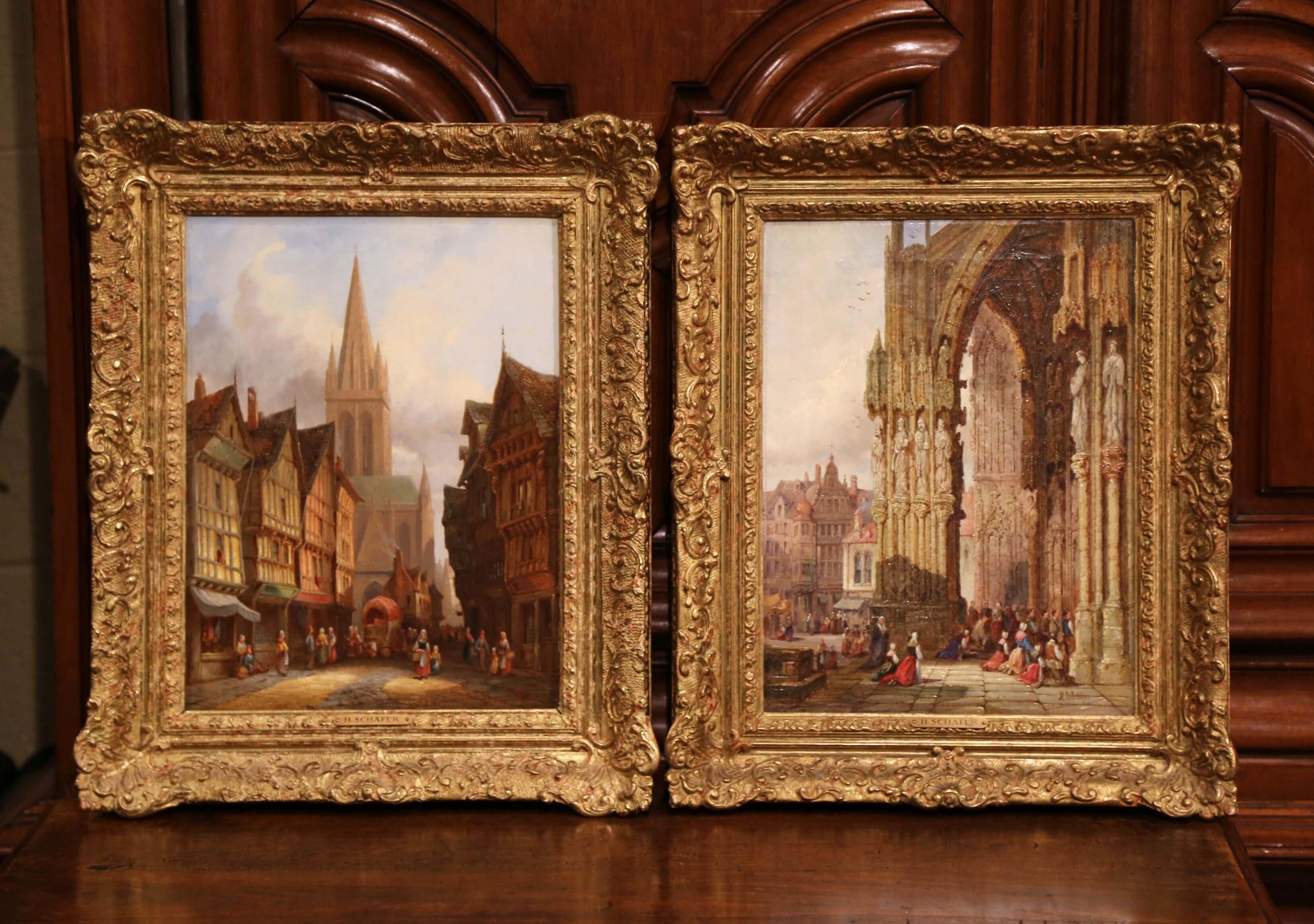 Pair of 19th Century Framed Street Scenes Oil Paintings Signed Henry T. Schafer 1