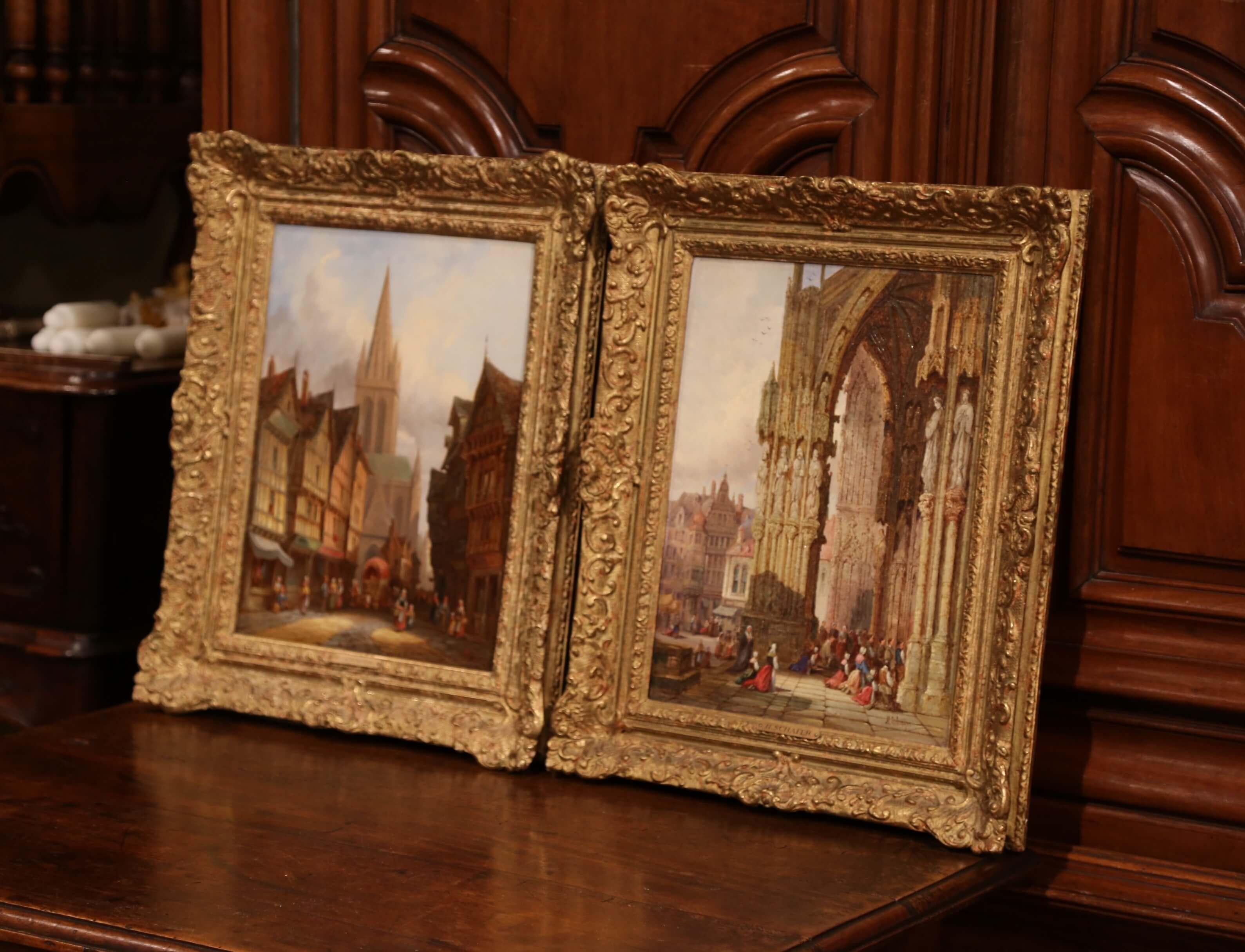 Pair of 19th Century Framed Street Scenes Oil Paintings Signed Henry T. Schafer 3