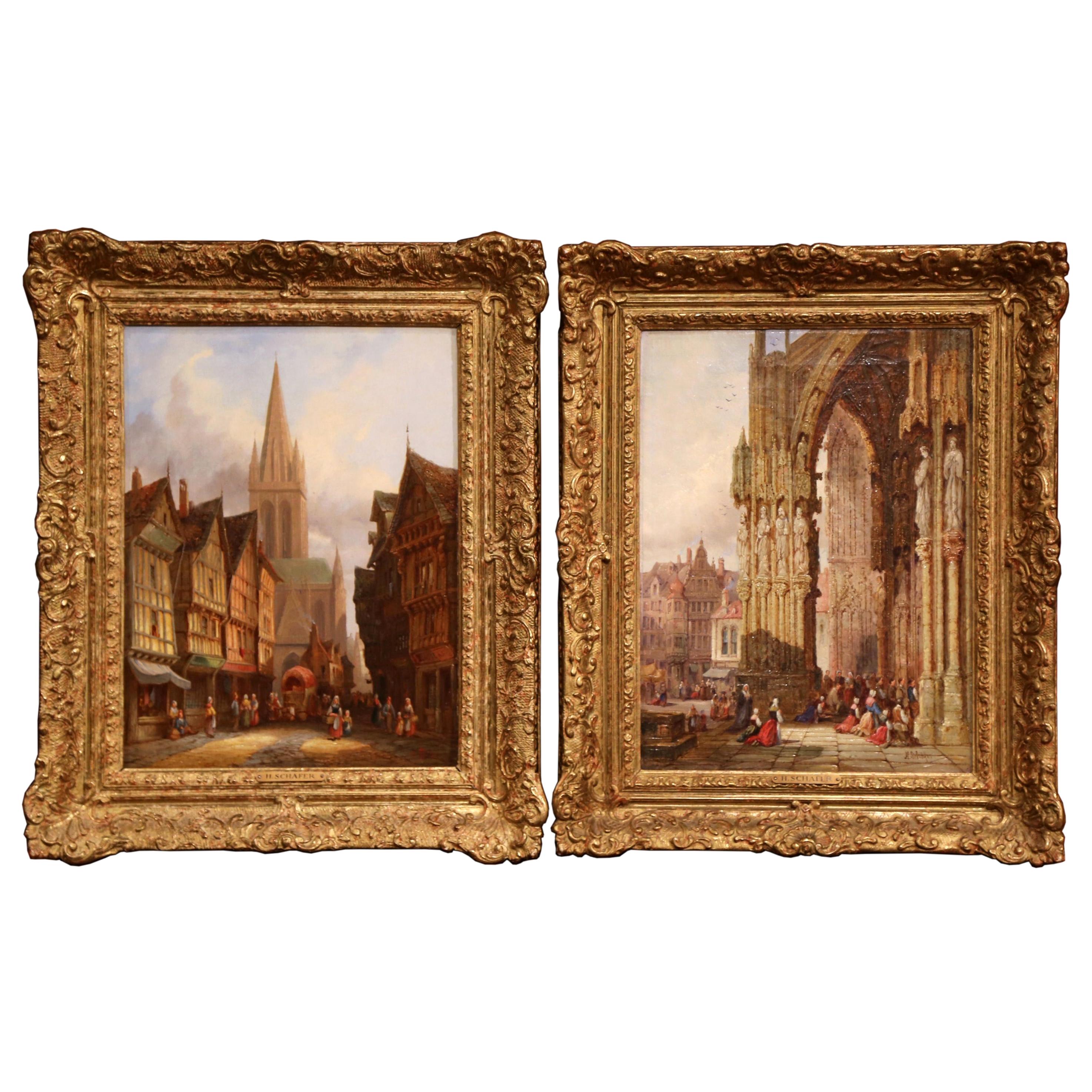 Pair of 19th Century Framed Street Scenes Oil Paintings Signed Henry T. Schafer