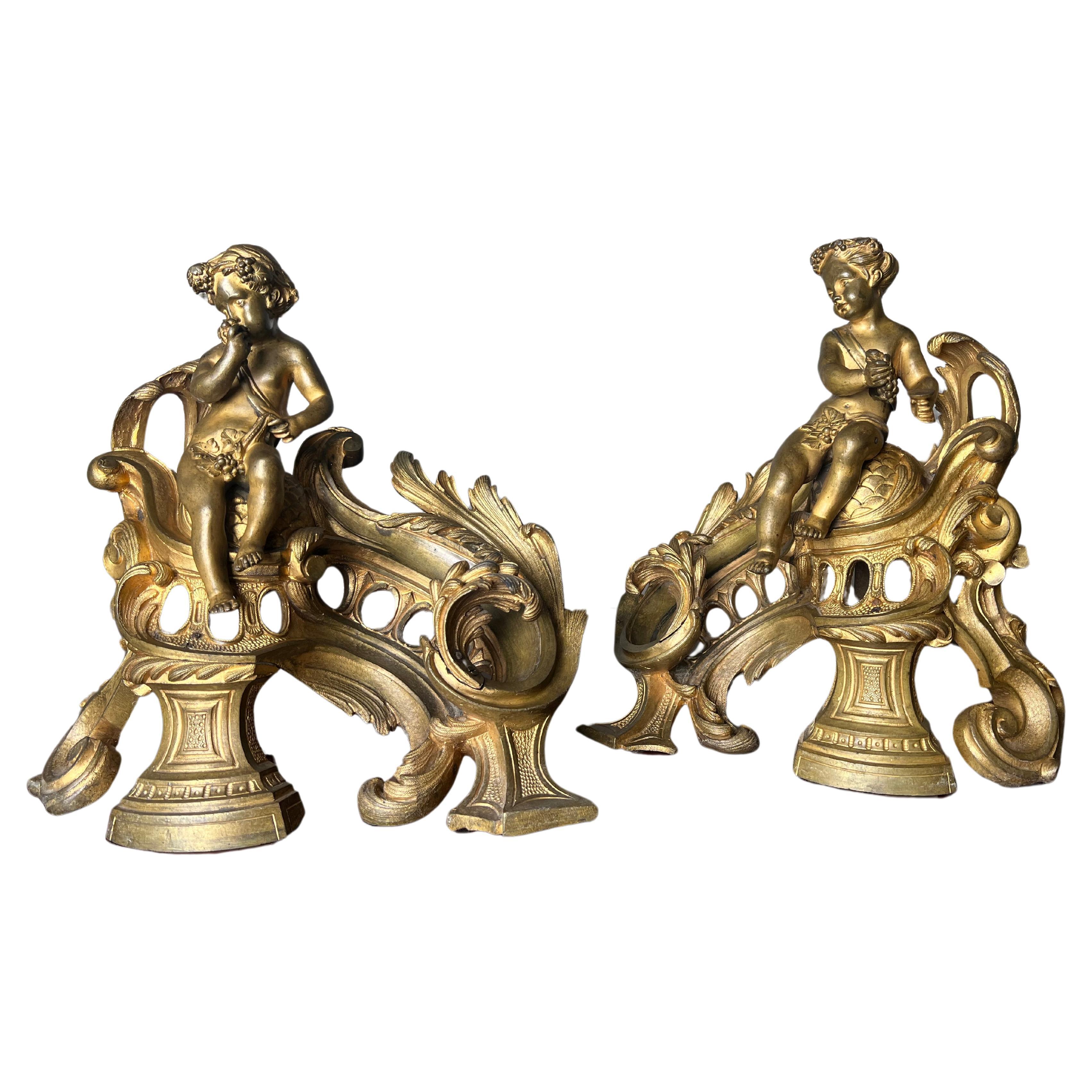 A pair of French Louis XV style andirons, chenets in an old gilt bronze finish with patina from age.  They are very fine quality and a nice larger size.  
They both have a putti with grapes and acanthus leaves throughout.  
These are very decorative