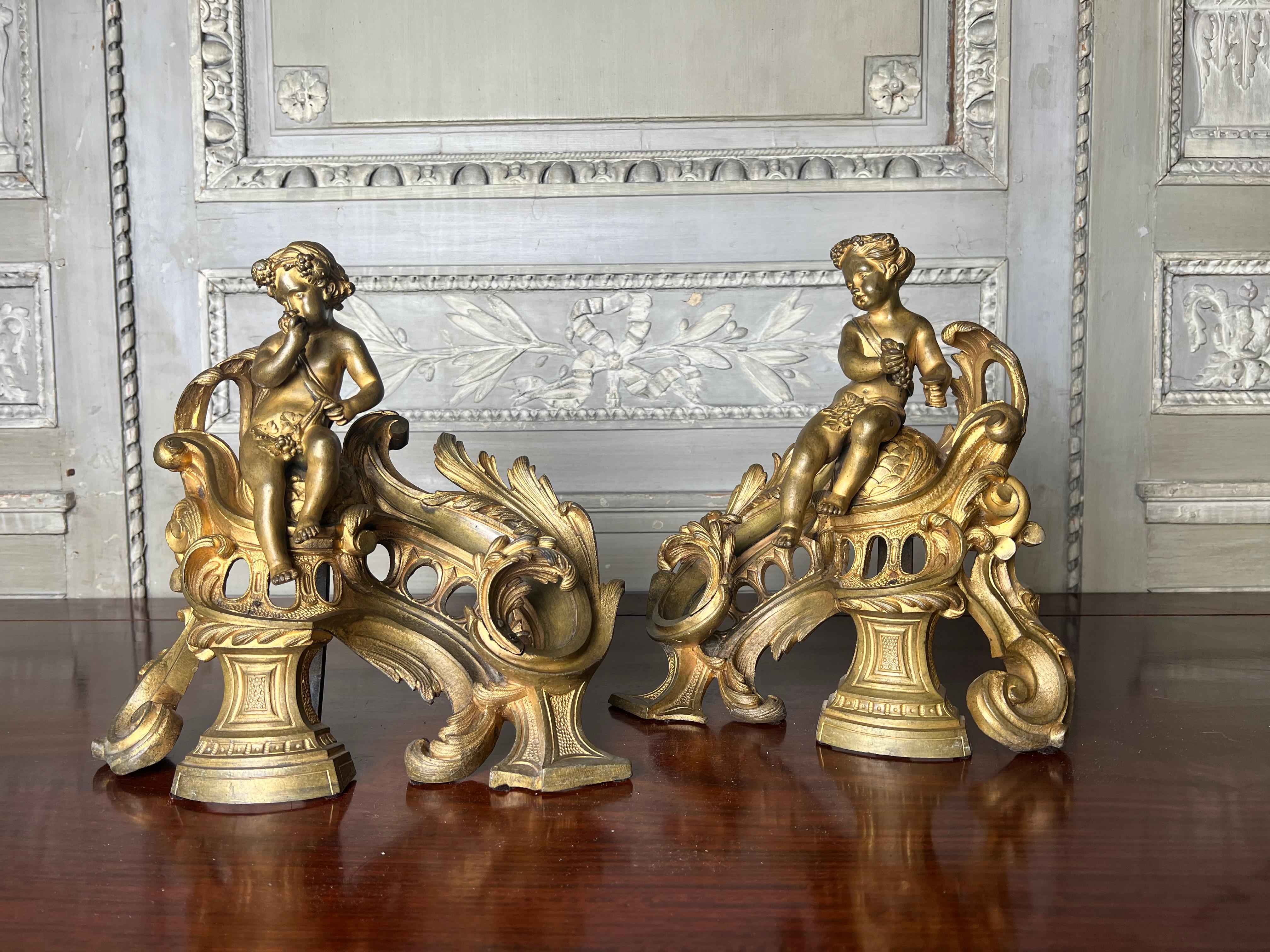 Louis XV Pair of 19th Century French Andirons in Bronze With Putti Bacchanalia  For Sale
