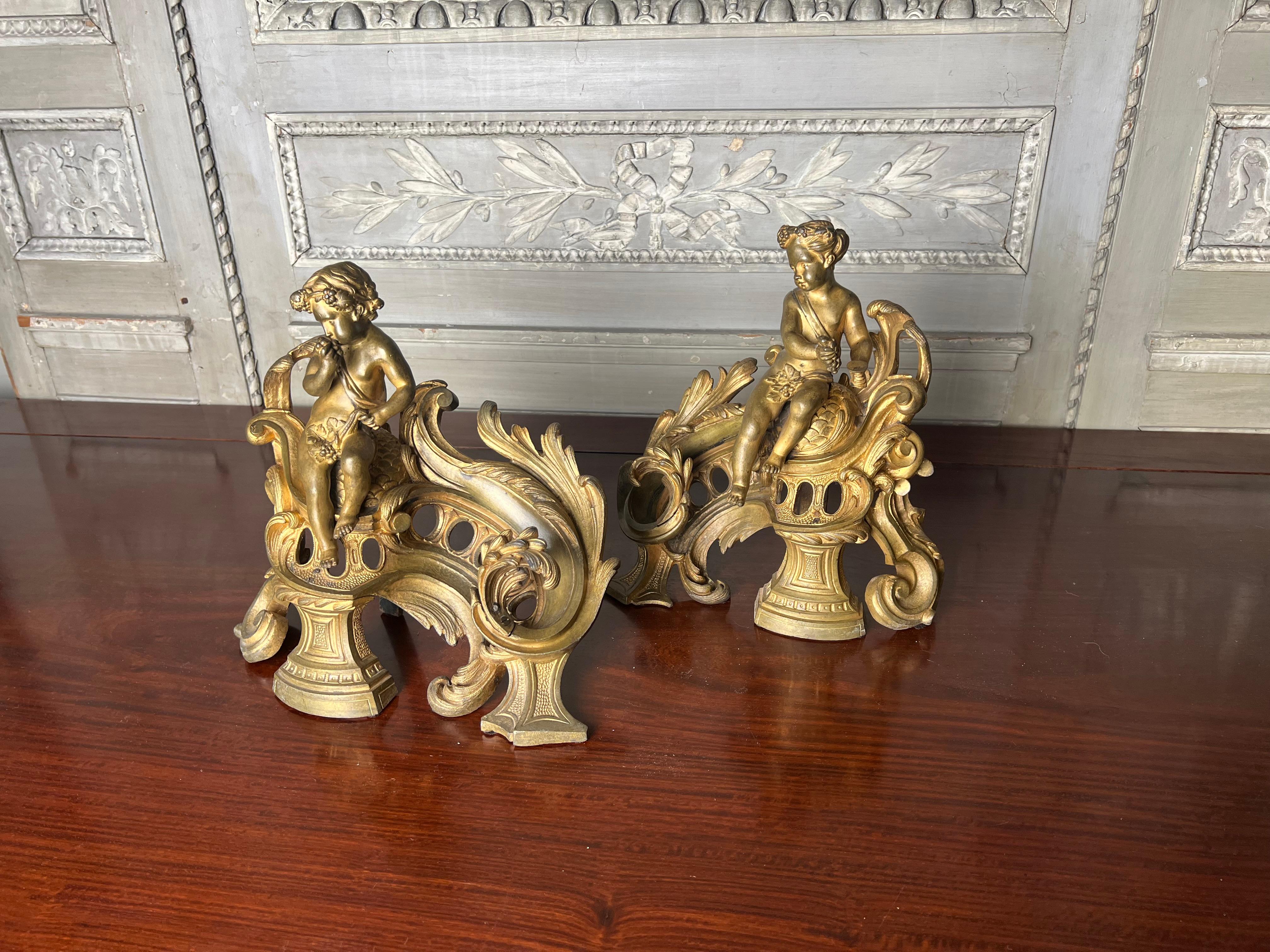 Cast Pair of 19th Century French Andirons in Bronze With Putti Bacchanalia  For Sale