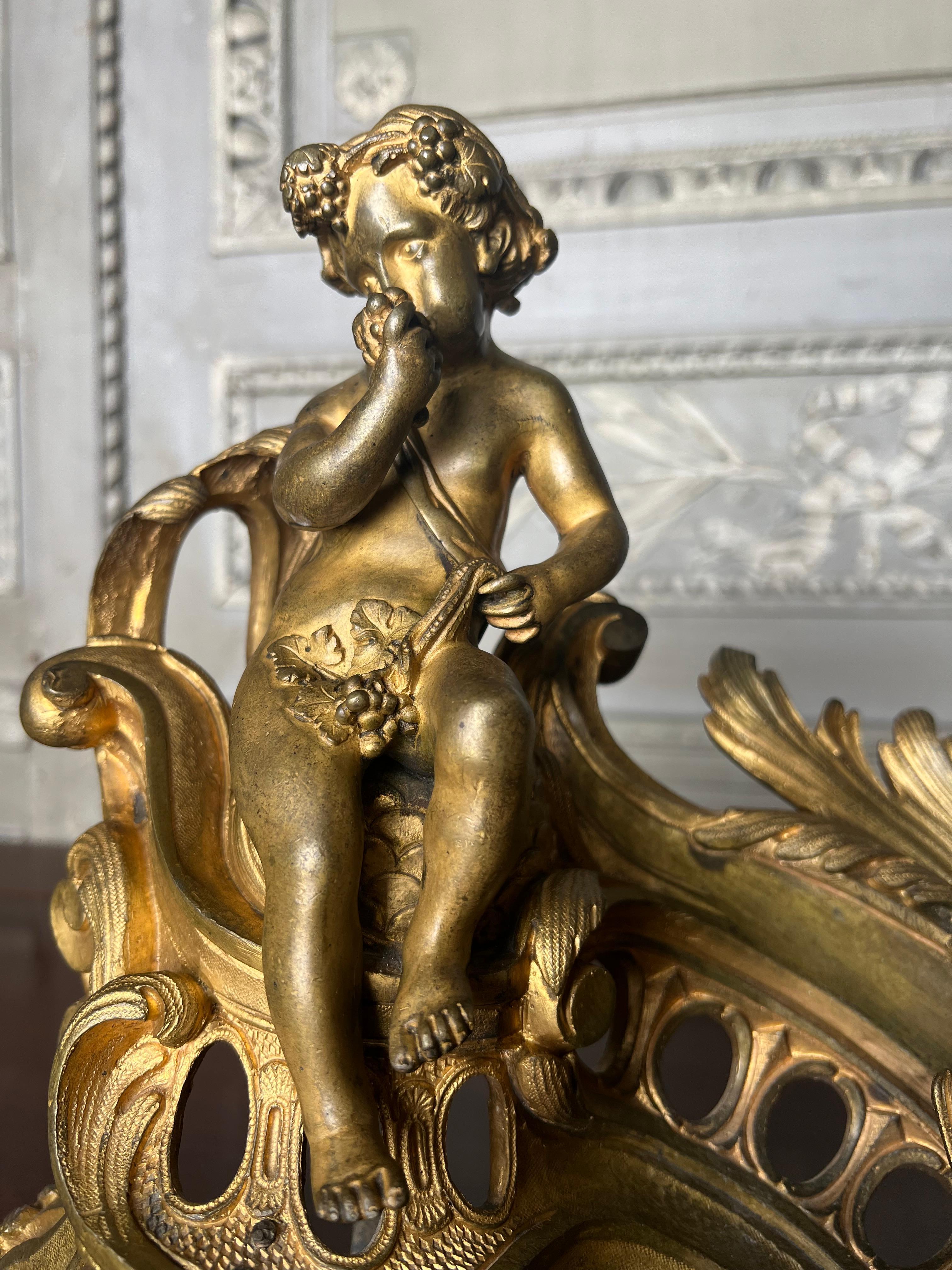 Pair of 19th Century French Andirons in Bronze With Putti Bacchanalia  In Good Condition For Sale In Dallas, TX