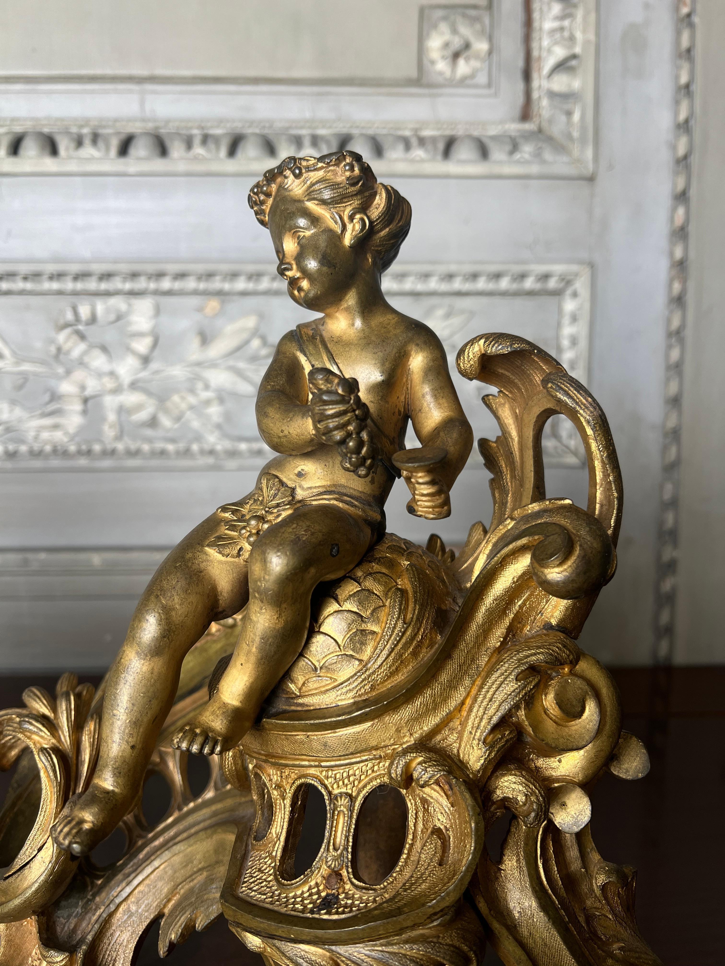 Pair of 19th Century French Andirons in Bronze With Putti Bacchanalia  For Sale 1