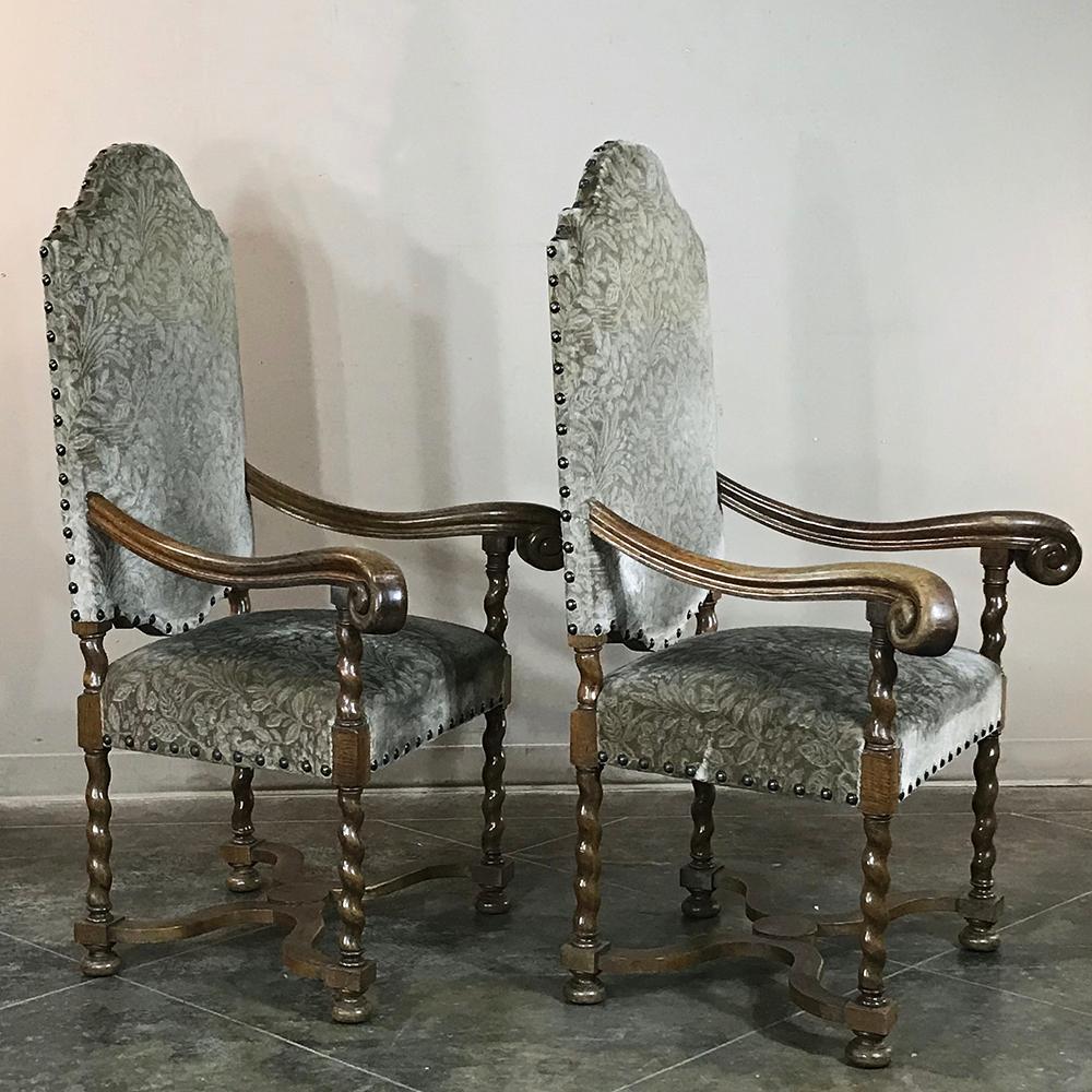 Hand-Carved Pair of 19th Century French Antique Louis XIII Barley Twist Armchairs