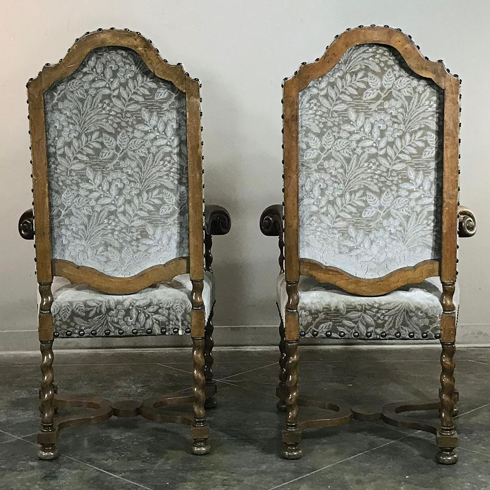 Pair of 19th Century French Antique Louis XIII Barley Twist Armchairs In Good Condition In Dallas, TX