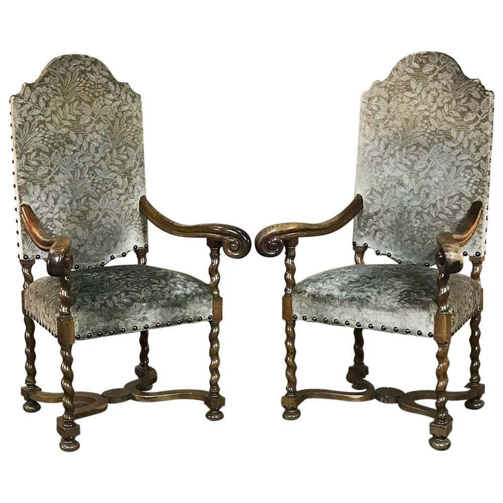 Pair of 19th Century French Antique Louis XIII Barley Twist Armchairs