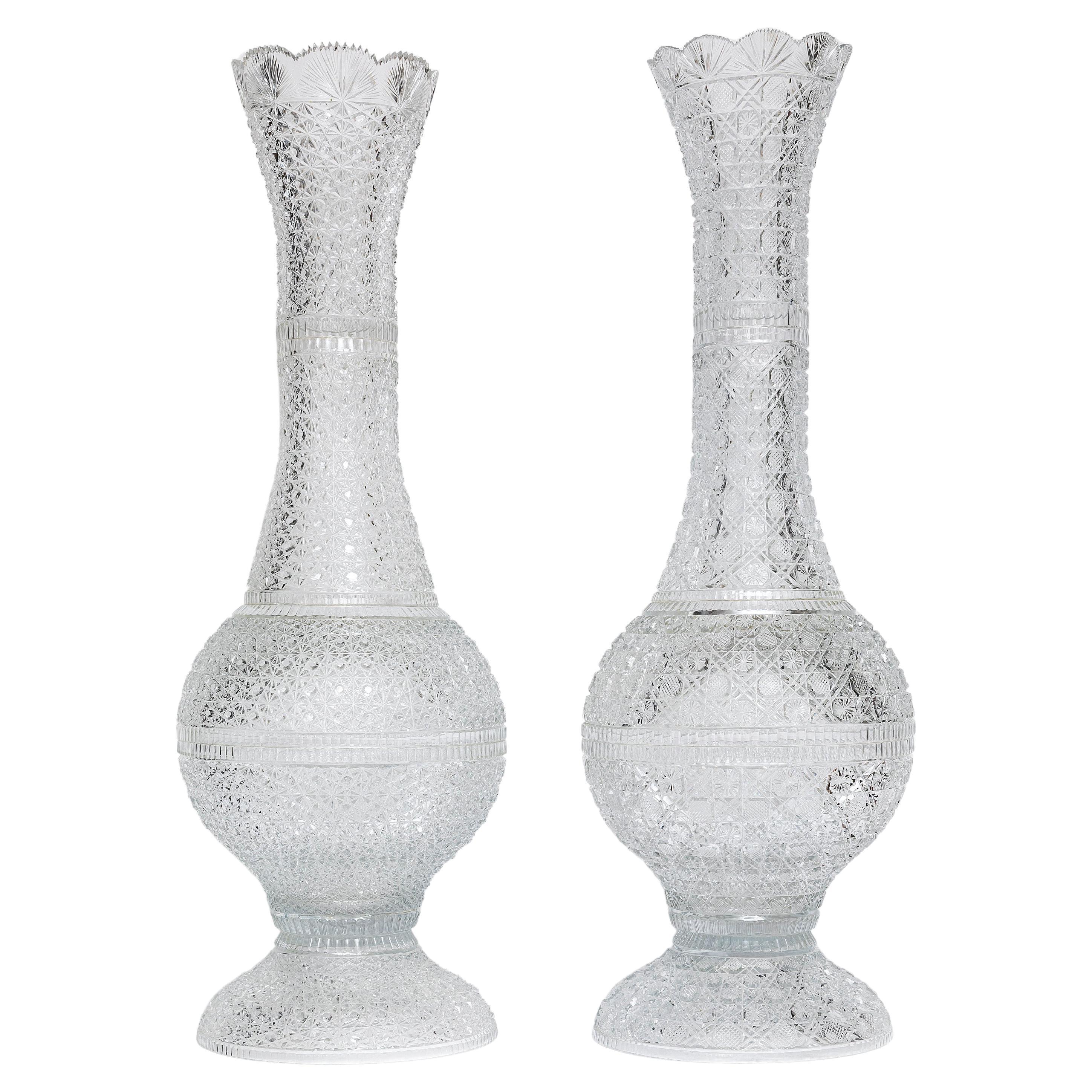 Pair of 19th Century French (attributed) Bacarrat Hand-Diamond Cut-Crystal Vases