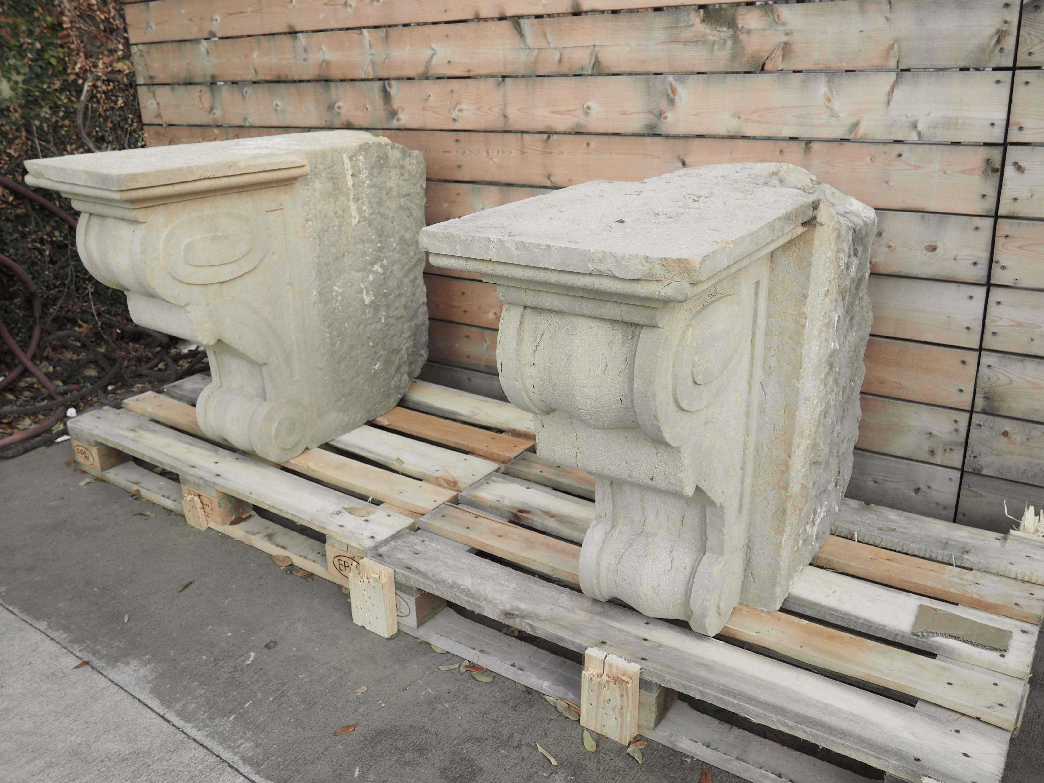 Recently salvaged from an important French building in the Lyon area, this pair of balcony corbels are from the Napoleon III period (sometimes called Second Empire style). Each corbel was hand-carved in pierre de villebois stone, which is a very