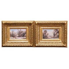 Pair of 19th Century French Barbizon Pendants Landscape Paintings in Gilt Frames